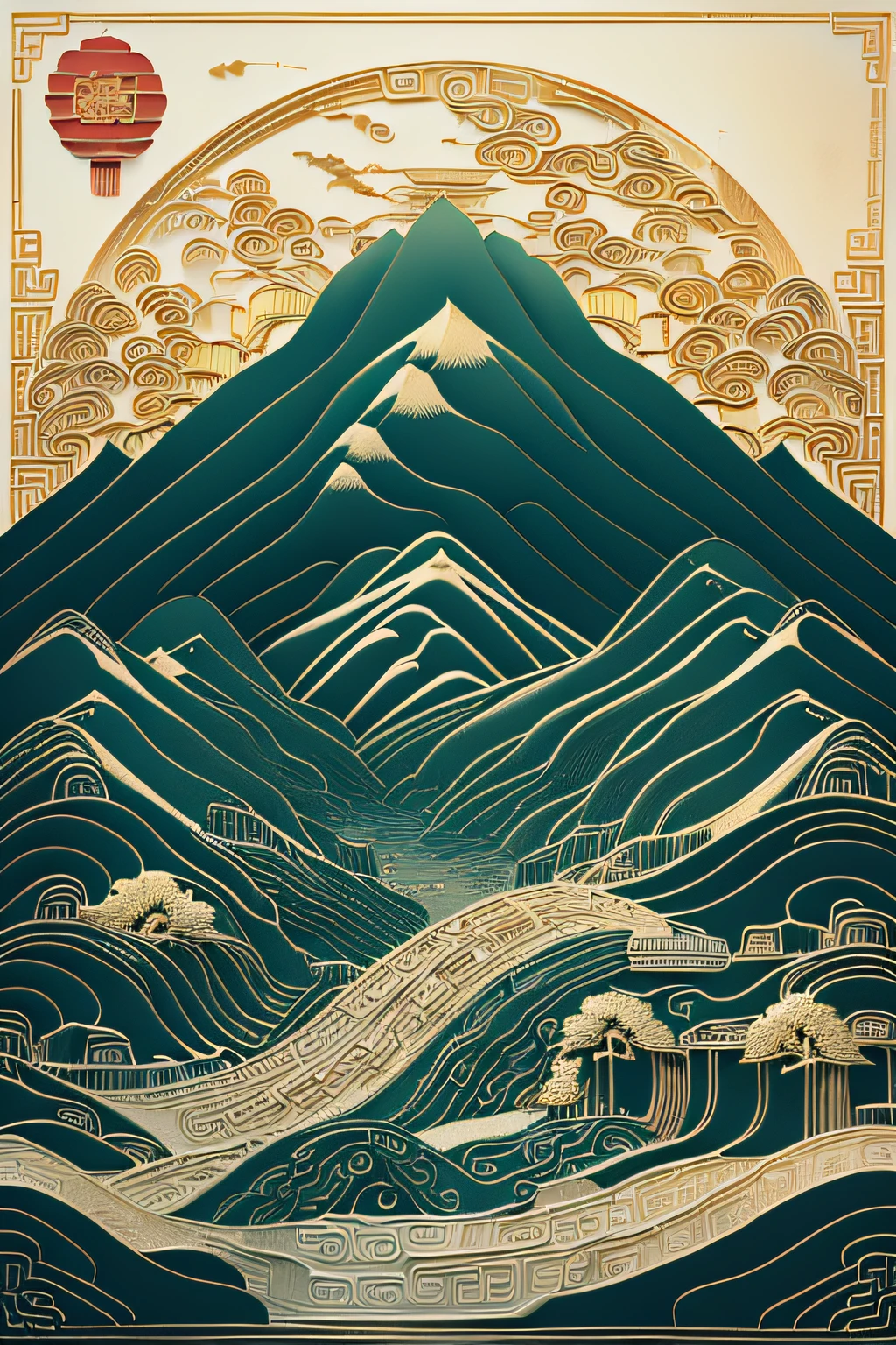 (Ancient Chinese landscapes:1.4)，(illustration:1.3，paper art:1.3, Quilted paper art:1.2),( reasonable design, Clear lines,Best quality, Masterpiece, movie light effect, 4K )delicacies