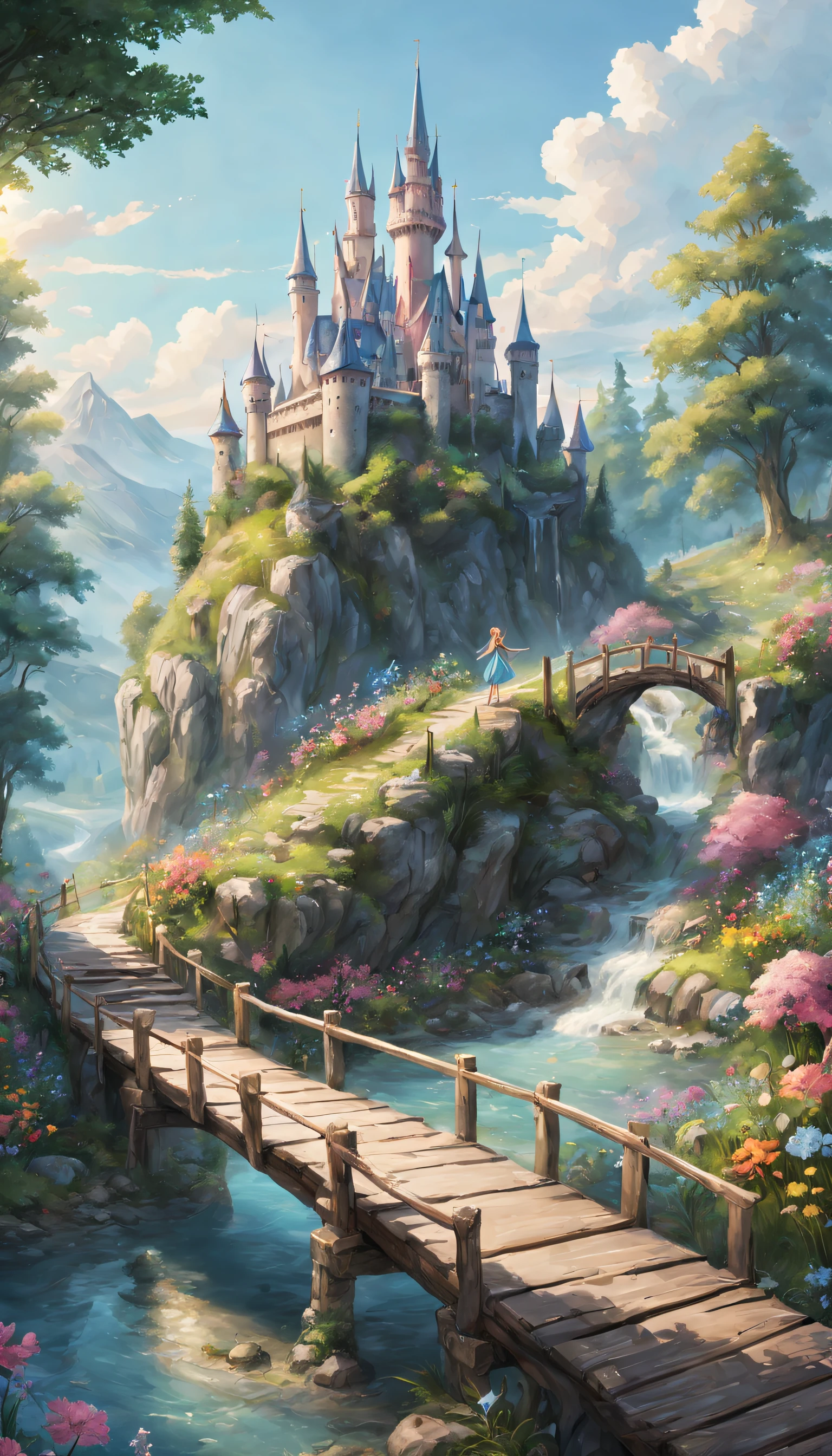 A babbling mountain stream，The fairy stands on the wooden bridge，Flowers blooming around，butterflys，a fantasy forest，There is an ancient castle on the top of the hill in the distance。（best qualtiy，4k，8k，tmasterpiece：1.2）