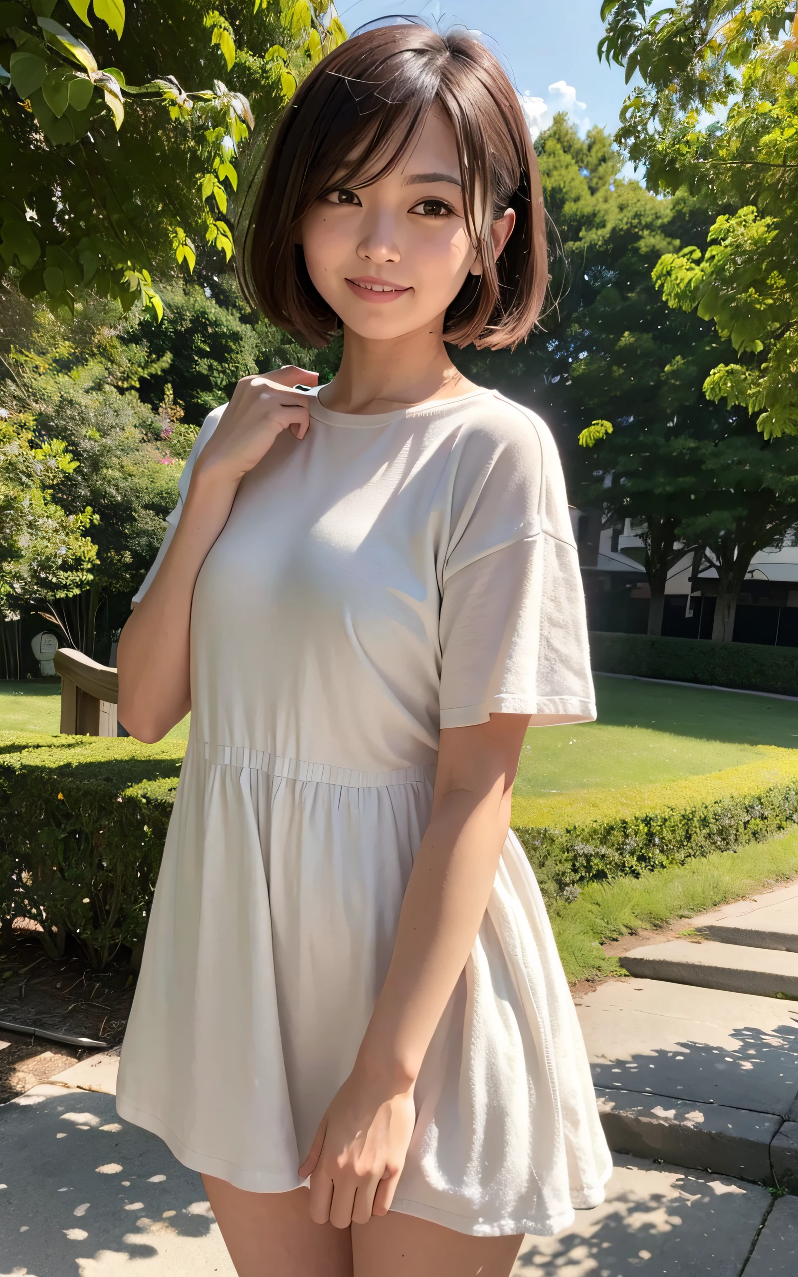 masutepiece, ultra-detailliert, Best Quality, raw phote, (Photorealistic:1.1), Insanely detailed, 1girl, Beautiful, Cute, hoodle, ennui, open mouth slightly, smile, short hair, How the ends of the hair are blown up by the wind, (Brown eyes), pale skin, from the front side, Soft light, depth of fields ,park, crowd of people