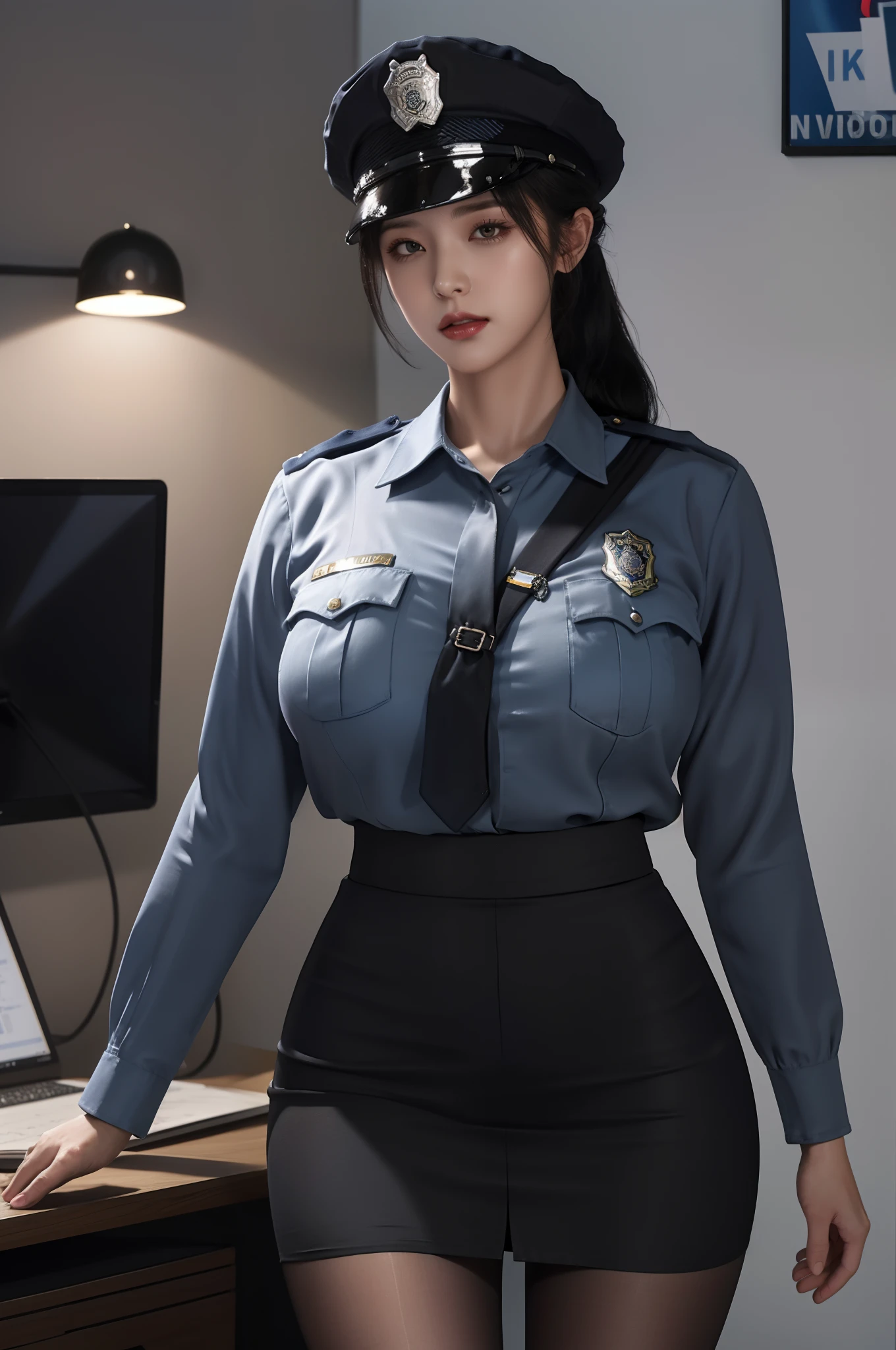 Masterpiece, Best quality, offcial art, Extremely detailed Cg Unity 8K wallpaper, ((Police uniform)), police hat, At the office, Long hair, Single ponytail, Large, Mature woman, Black silk, Pantyhose,(pencil skirts), ero404, ((Long legs)),(Huge breast)