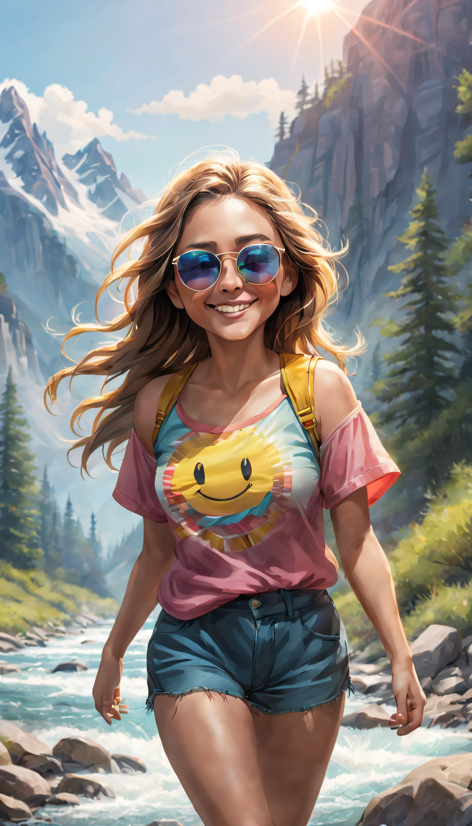 An Omibu-style mountain stream, illustration, Masterpiece, High quality, 8K, A high resolution, High detail, 1girll,smiley, Transparent sunglasses, Movie overlay, Vivid colors, Cool soft lighting, wind blown, Greg Lutkoki style