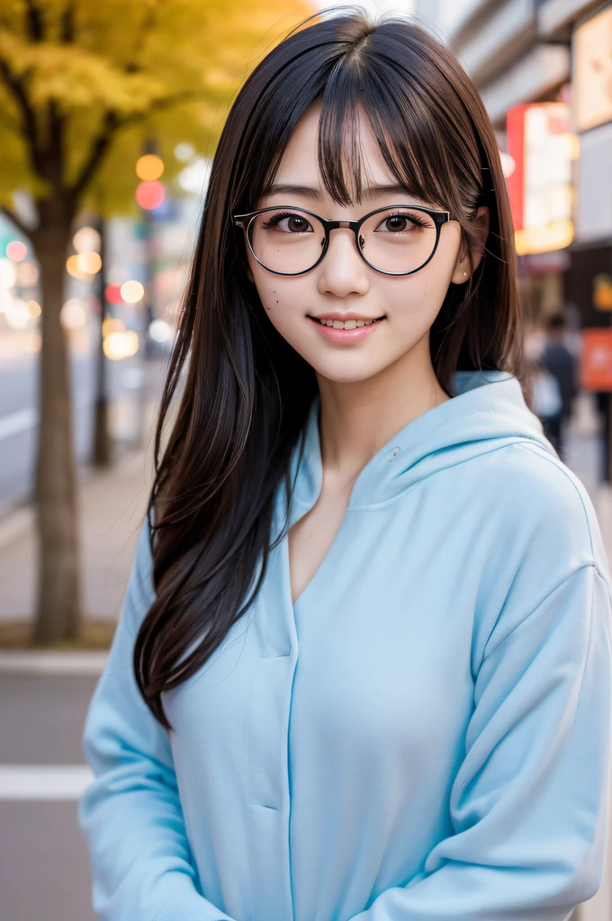 ((japanaese girl)), 8K, Raw photo, Best Quality, ultra-detailliert, Ultra High Resolution, Realistic, photographrealistic, high-definition RAW color photography, professional photograpy, Extremely detailed, 8K Wallpaper, amazing, finely detail, Huge file size, extra detailed face, extremely detailed eye, highlydetailed skin, extremely detailed fingers, highly detailed nose, highly detail mouth, Perfect Anatomy, Highly detailed background, Realistic body, Good figure, blown hair, Cute face, Photography, (Happy smile), Perfect Skin, Perfect Anatomy, (Round glasses), (Mole), swept bangs, Autumn, ((down town)), long coat,