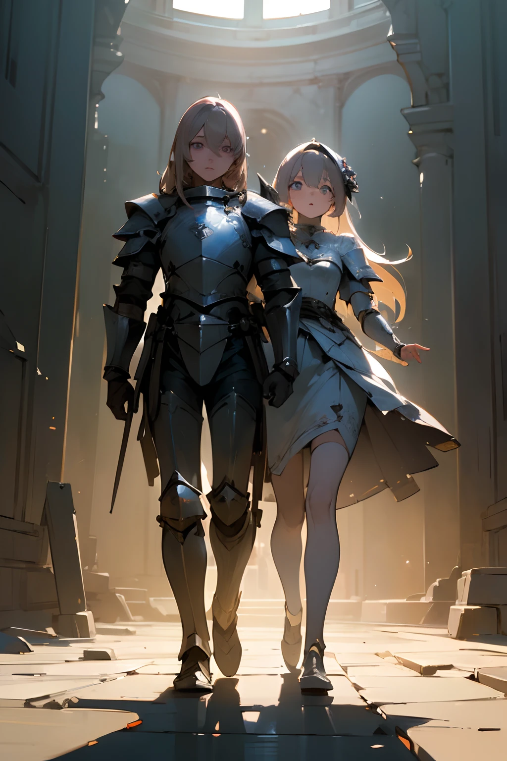 (((masterpiece))), (((best quality))), ((ultra-detailed)), (cinematic lighting), (illustration), (beautiful detailed eyes), (2girls), full body, space, knight, armour, light hair, skirt, walking, ruins,