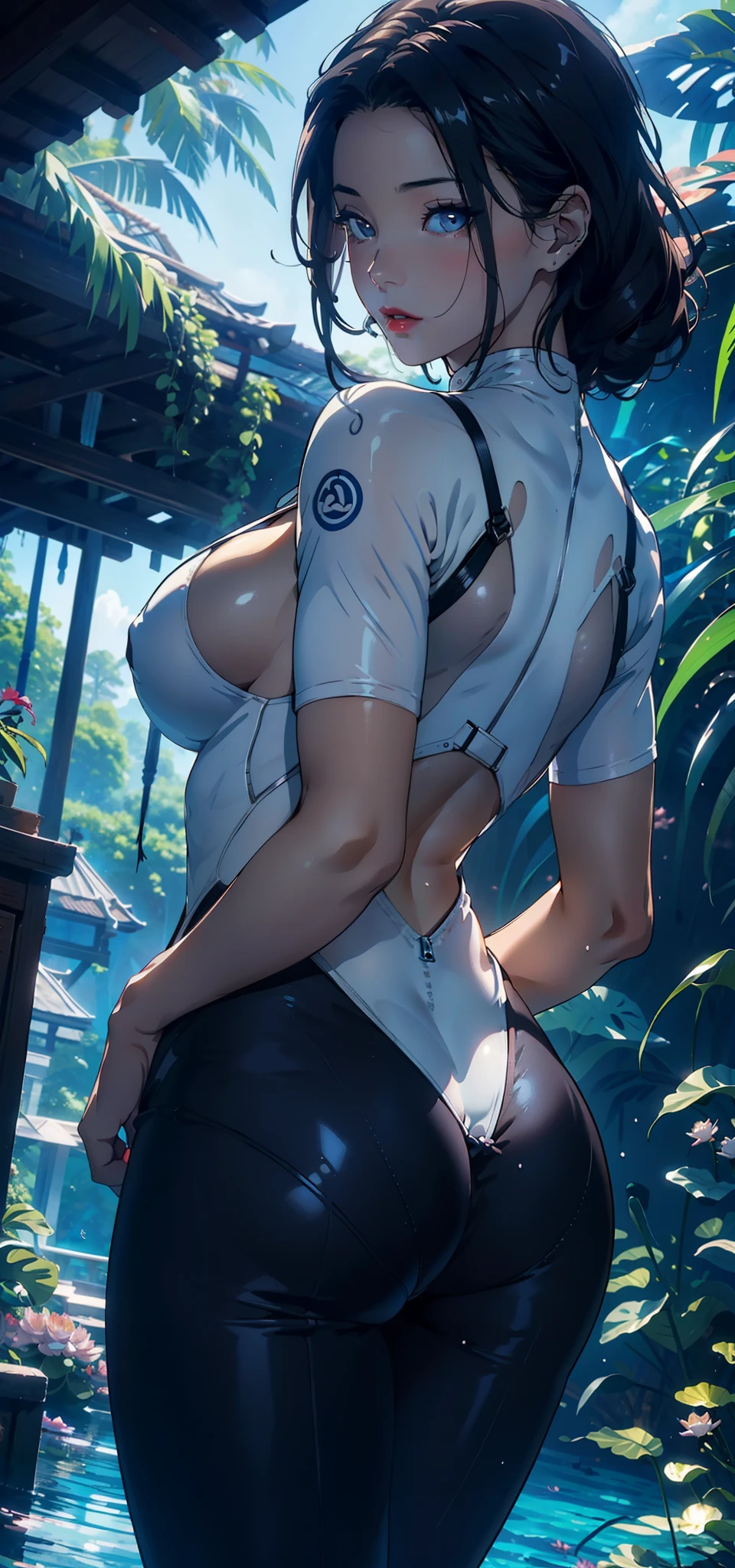 1female，41 years old，熟妇，mature，plumw，extremely large bosom ，Pornographic exposure， 独奏，（Background with：the rainforest，lotus flower，Underwater，Lake bottom，） She has short black hair，Lie underwater，seen from the front， hair straight， mostly cloudy sky，（（（tmasterpiece），（Very detailed CG unity 8K wallpaper），best qualtiy，cinmatic lighting，detailed back ground，beatiful detailed eyes，Bright pupils，Redlip（Very fine and beautiful），（Beautiful and detailed eye description），ultra - detailed，tmasterpiece，）），facing at camera，A high resolution，ultra - detailed），revealing breasts，Bare genitalia，  Bulge，legs are open，Raised sexy，Camel toes，Flushed complexion，Open-mouthed，frontage，diver，（Wearing：Sexy transparent white wetsuit，Blue and white color scheme，nakeness）