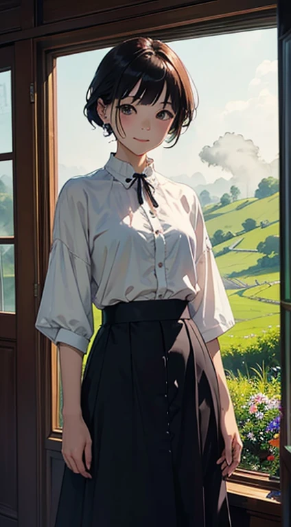 (Watercolor in Sargent style)、(top-quality、masterpiece)、Soft light、Bibury landscape painted on a foggy morning、、Create an ethereal scene in a calm morning misty meadow。Draw delicate and blurry brushwork、Capture the elusive nature of fog、Enhance the serene atmosphere of the countryside、place々flower bloom、(One lady)、美丽的面容、kindly smile、tiny chest、Dark brown shorthair、White blouses、long skirt、