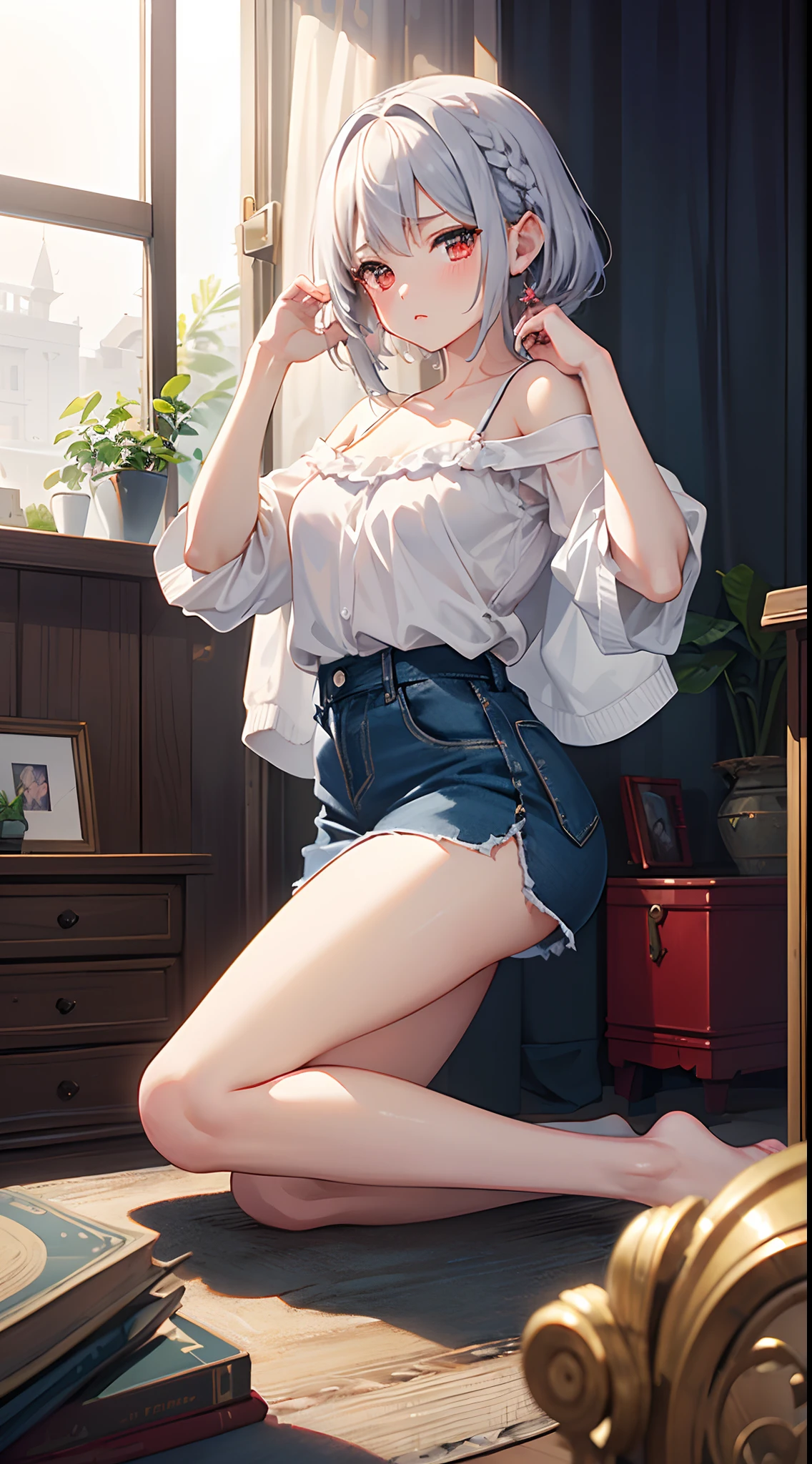 ((​masterpiece:1.2、top-quality)), ((Put your hands to your face)), ((Shy face)), ((Troubled eyebrows)), ((red blush)), 1 Whole body of a girl, elvish, ((silber hair)), Red Eyes, bob cuts, Braided hair, denim skirt, camisole, gender change, Kneeling, speculum, inside in room, concept-art, beautiful anime scene, Beautiful anime scenery, top-quality, ​masterpiece