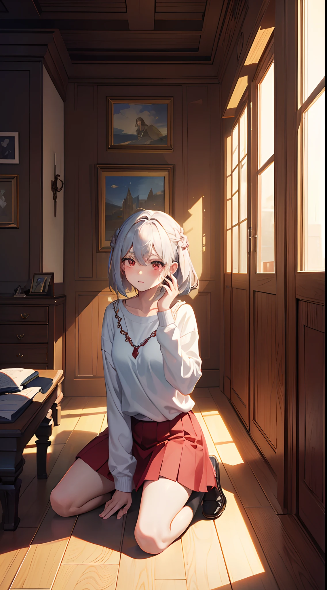 ((masterpiece:1.2、top-quality)), ((Put your hands to your face)), ((Shy face)), ((Troubled eyebrows)), ((red blush)), 1 Whole body of a girl, elvish, ((silber hair)), Red Eyes, bob cuts, Braided hair, denim skirt, camisole, gender change, Kneeling, speculum, inside in room, concept-art, beautiful anime scene, Beautiful anime scenery, top-quality, masterpiece