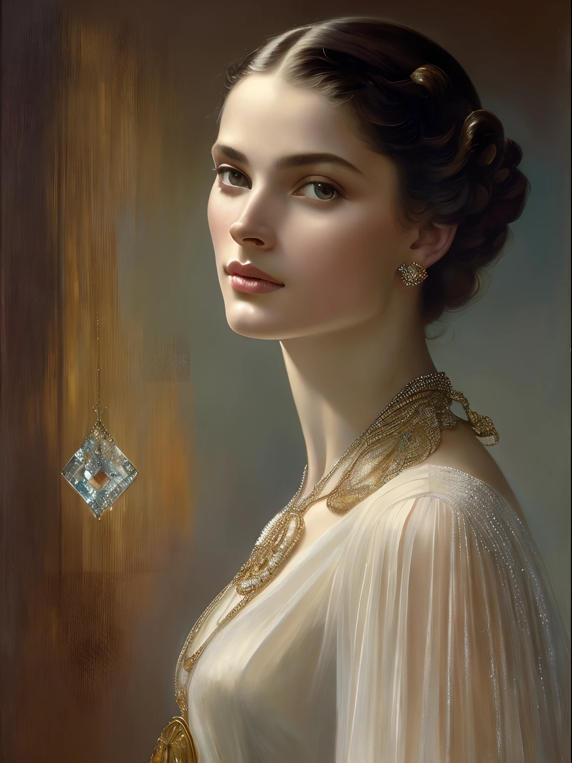 (Masterpiece) Portrait of the ethereal and beautiful Hugo Boss model from the 1940s, Beautiful painting with a very detailed face by Alphonse Mucha, Craig Mullins, Greg Rutkowski, Magaly Villanueva, (the most beautiful portrait in the world:1.5), Sparkling rhinestone crystal style.