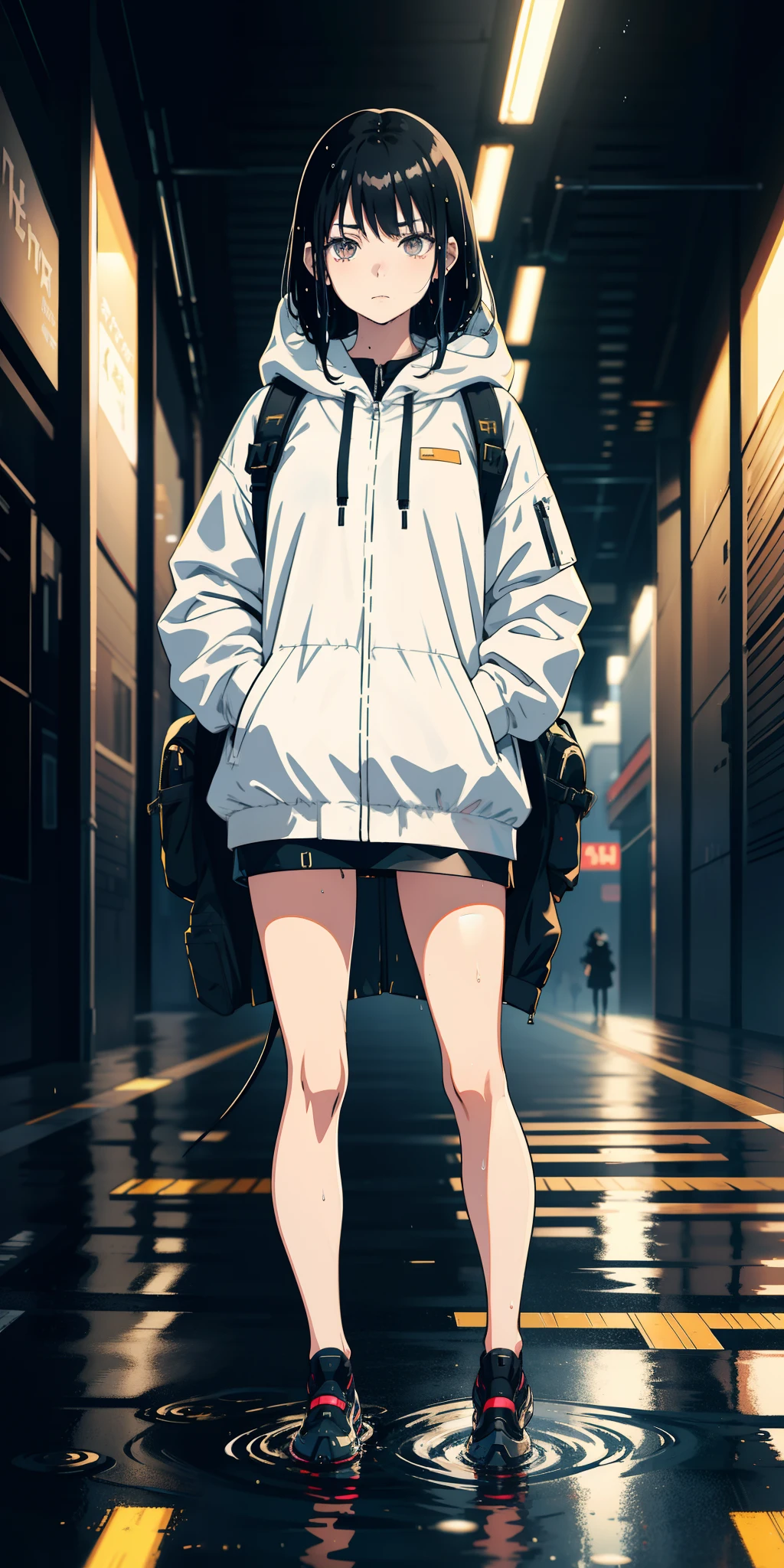 Anime girl with black hair, Casual clothing, Light clothing, Cyberpunk style, A light, a backpack, Light clothing, Shy look, Dark eyes, Background building, blur, Anime Art Style, Focused face, large parka, bottomless, tubbler, (wet texture), luster skin, wete hair