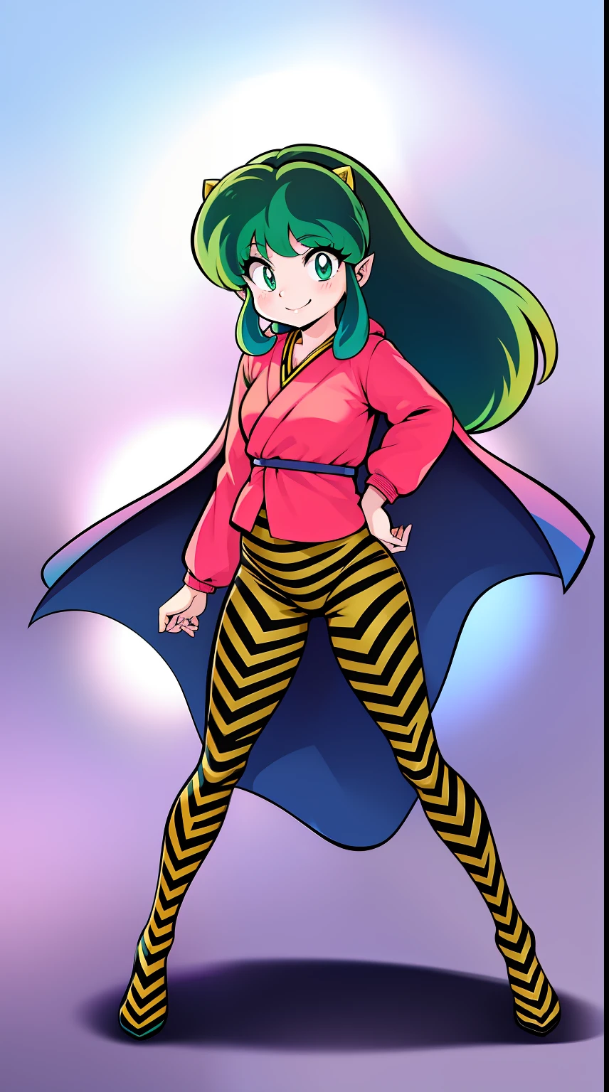 lum, , superhero costume, urusei yatsura, cloak, pants, pullover, kimono,martial pov,, pantyhose, sharpteeth, standing,smile, matial art