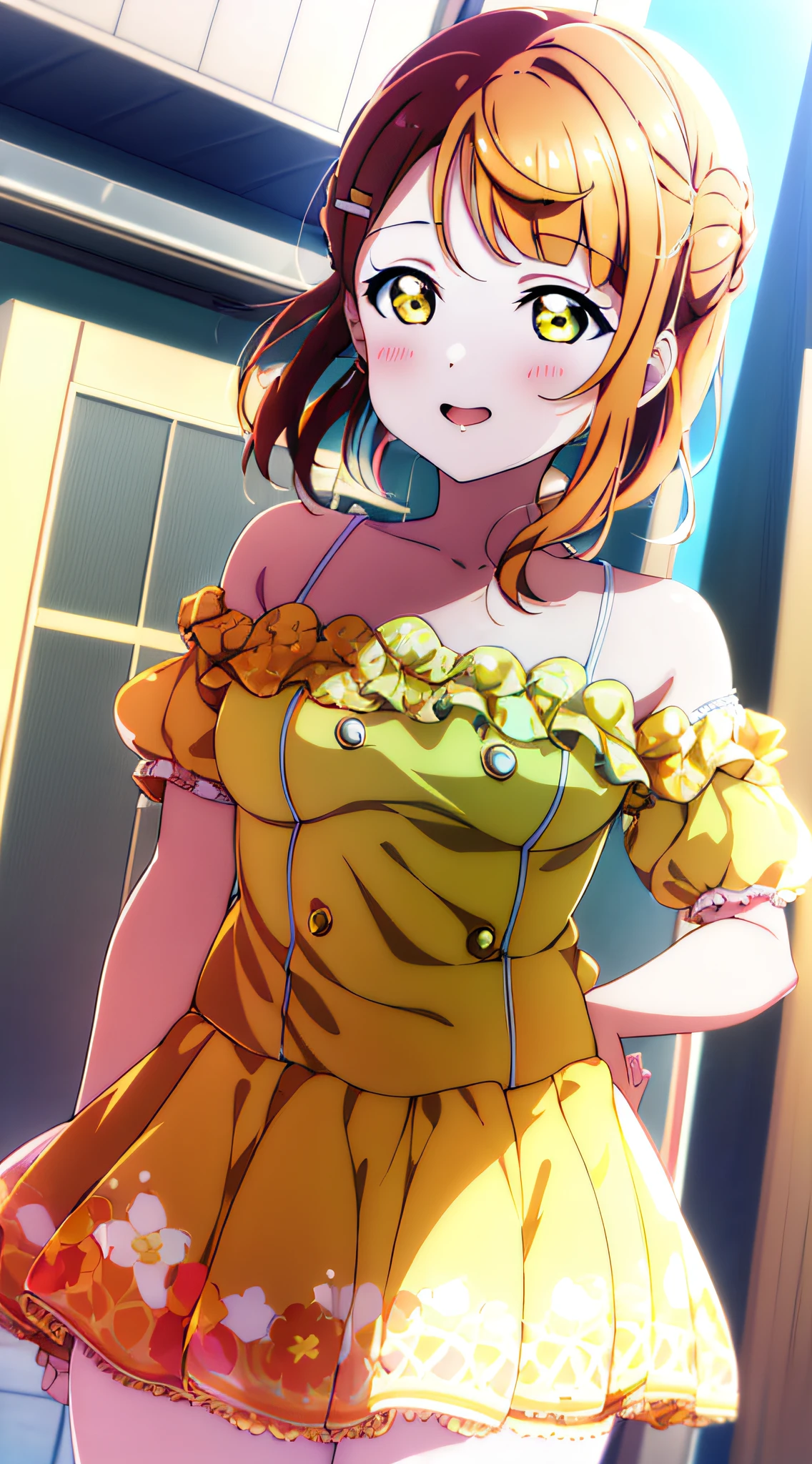 (best quality), (HD),high quality, best quality, masterpiece, ayumu uehara, 1girl, Anime-style color grading, bushiroad studio coloring style, yellow eyes, medium hair, sunny day, cosplay, saint seiya cosplay, aries gold cloth cosplay, (super detail image), (good coloring), pony tail hair