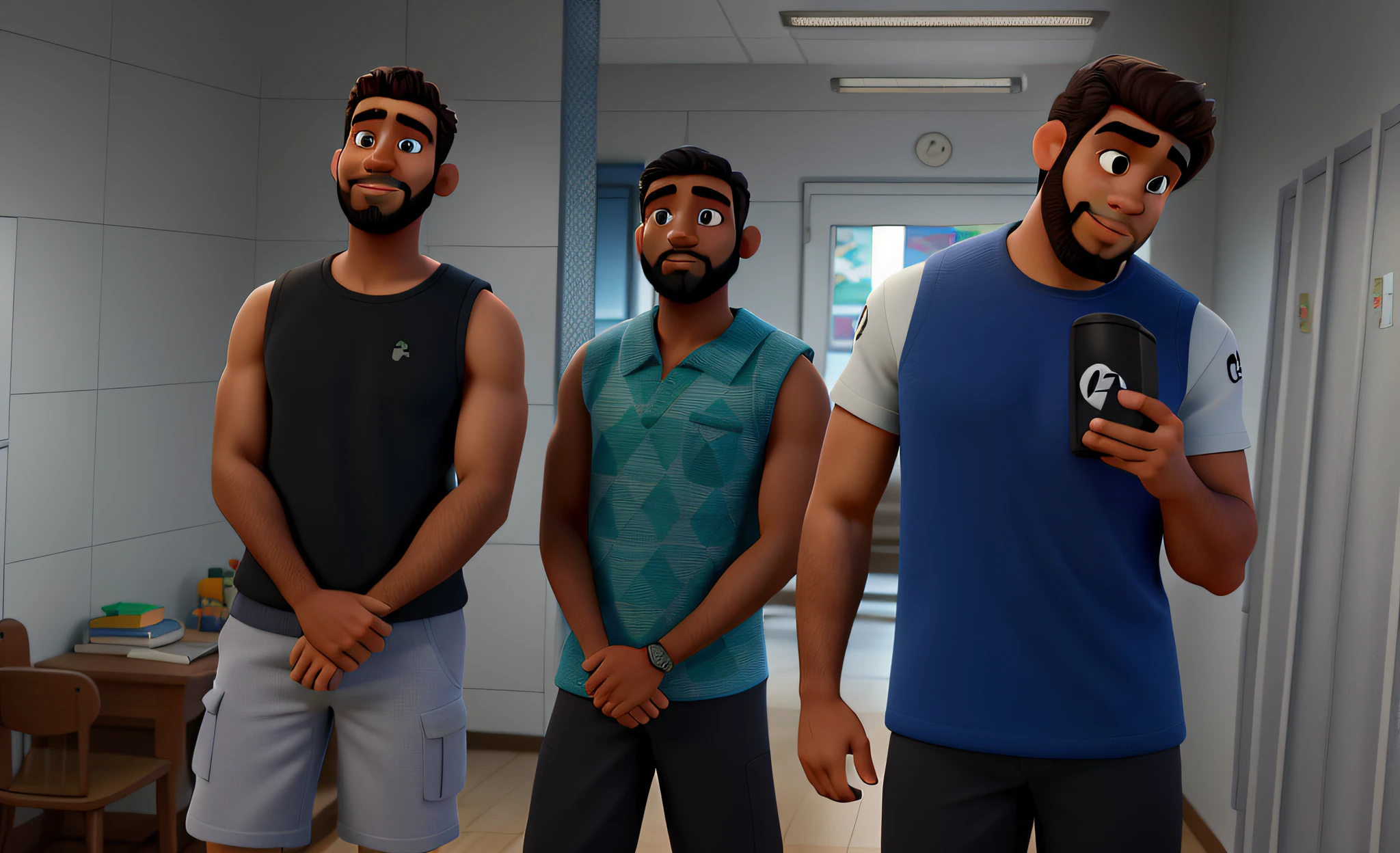 Three Men Disney Pixar Style, alta qualidade, melhor qualidade, na academia, o da direita com barba e moreno de cabelo caxeado, o do meio negro e magro de cabelo crespo e curto, o da direita branco e forte com cabelo curto