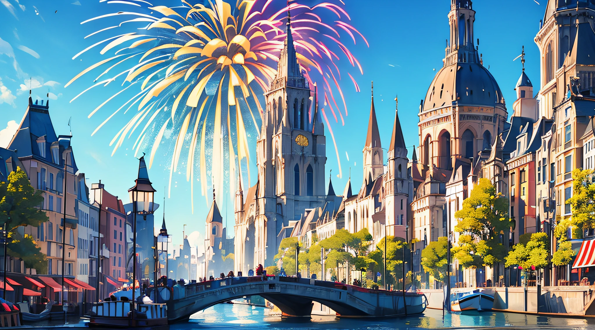 Celebration in the city, (Many rivers and canals), Embankments, Fantasy City, Coast, ((festival)), Fireworks, Fountains, ((Sunny day)), letho