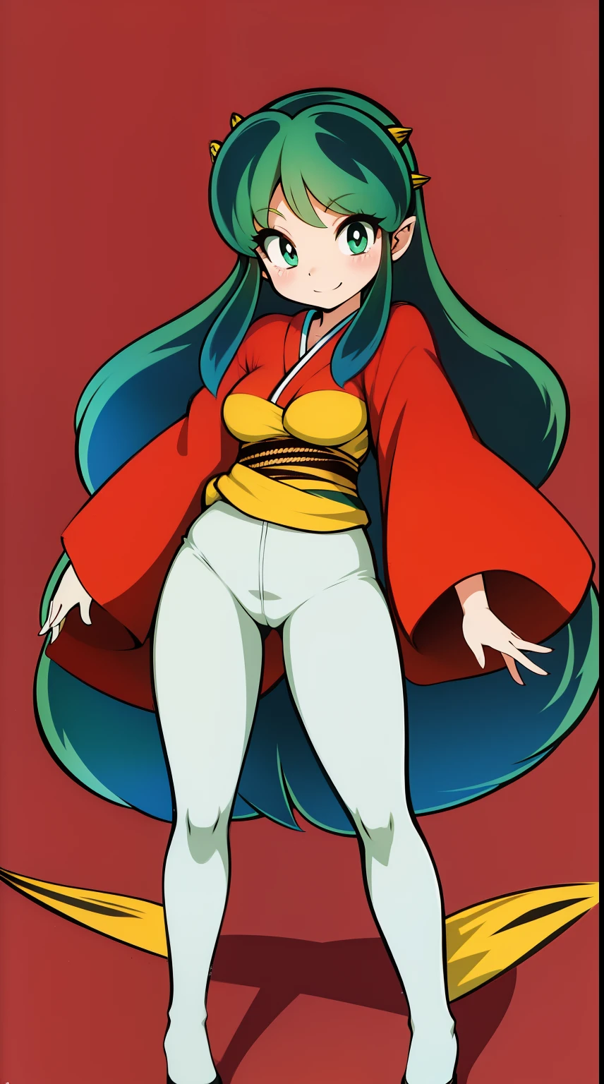 lum, , superhero costume, urusei yatsura, cloak, pants, pullover, kimono,martial pov,, pantyhose, sharpteeth, standing,smile, matial art