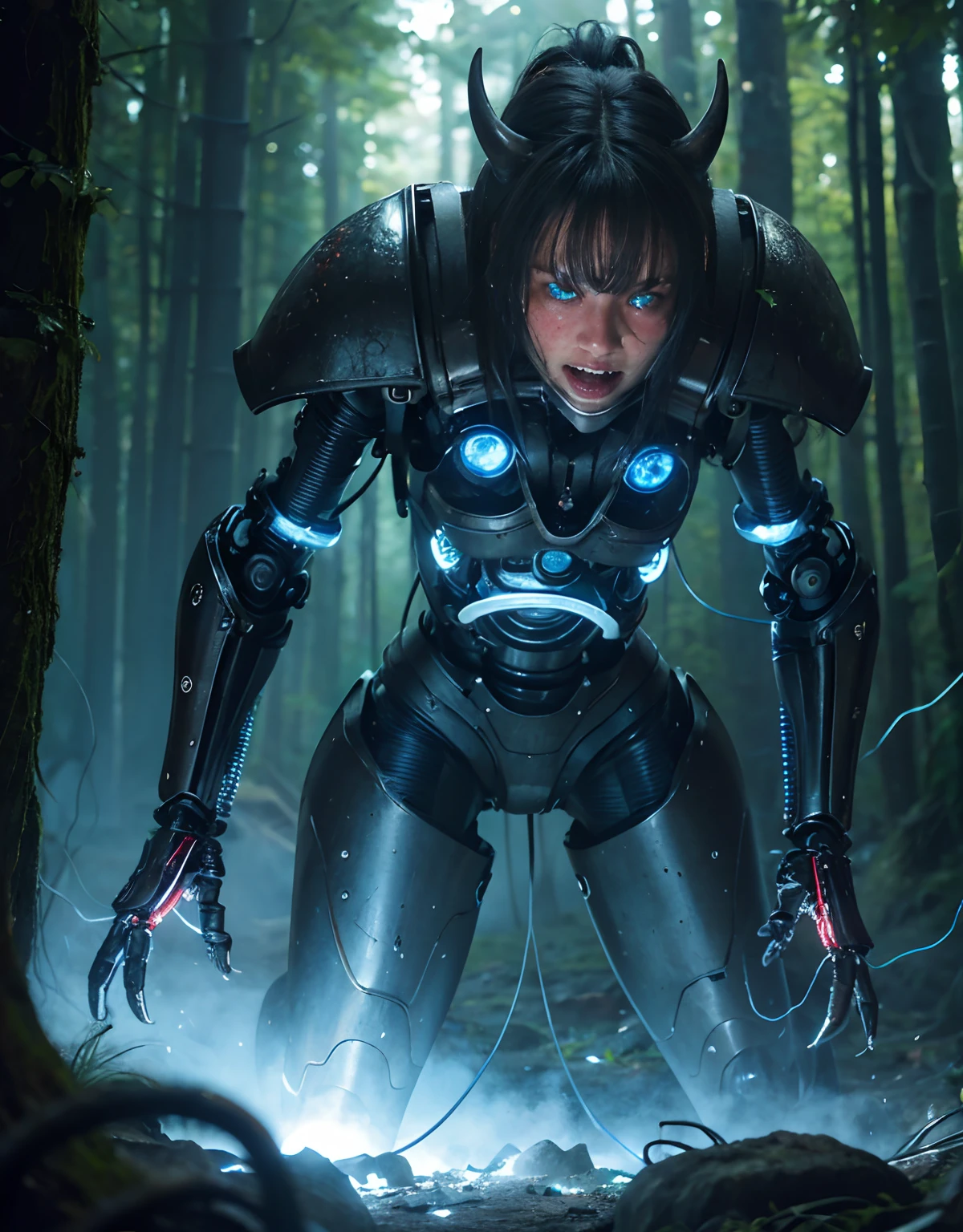 (1 Mechanical Girl)、top-quality、masterpiece、超A high resolution、(Photorealsitic:1.4)、Raw photo、1人、Fight mutants、glowy skin、(((1 Mechanical Girl)))、With a beautiful knife、(Red Metal Bodysuit)、(Fight goblings、ogre、Fierce battle with orcs),(Fight fiercely against aliens)、Fight fiercely、(beautiful forest background)、(Fighting Demonic Beasts)、(Small LED)、((super realistic details))、portlate、(Strong giant demon beast background),globalillumination、Shadow、octan render、8K、ultrasharp、Colossal tits、Raw skin is exposed in cleavage、metals、Details of complex ornaments、Japan details、highly intricate detail、Realistic light、(Mystical expression),CGSoation Trends、Blue eyes、radiant eyes、Facing the camera、neon details、(Mechanical limbs)、(blood vessels connected to tubes)、(Wires and cables connecting to the head)、Small LED、,Mechanical thighs、Toostock、(Hands are also made of machines)、(Attack of the Monster Beasts)、