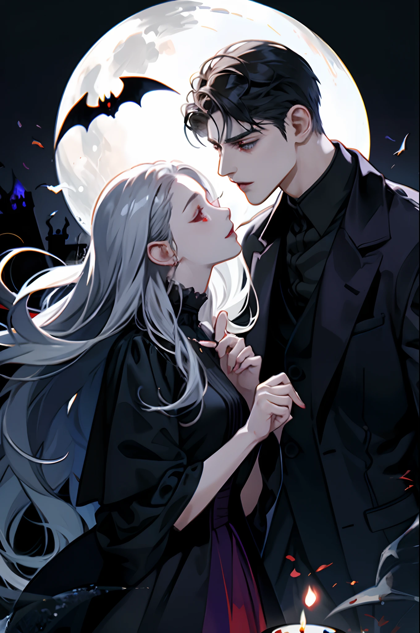 Anime couple in front of full moon with candle, anime vampires, Gothic romance, Manhwa, Yang J, l vampire, Fantasy Vampires, Neo-Gothic, official fan art, Dark romance, Vampire, high quality fanart, Anigirl Batman, androgynous vampire, detailed fanart, sakimichan and frank franzzeta, vampire fashion, Neo-Gothic