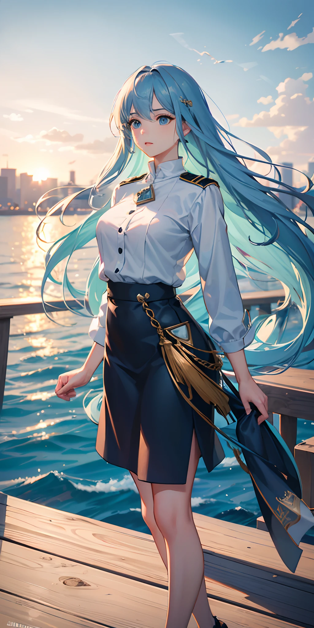 (best quality,4k,highres:1.2),ultra-detailed,realistic,long luscious hair flowing in the wind,flowing blue hair,beautiful detailed eyes and lips,aqua eyes,naval Khakis outfit,short black pencil skirt,standing on the pier in the harbour,pier surrounded by water and boats,seagulls flying in the distance,the woman looking confidently into the distance,her hair shimmering in the sunlight,calm and serene atmosphere,vivid colors,soft natural lighting,crisp and sharp focus,subtle bokeh effect.