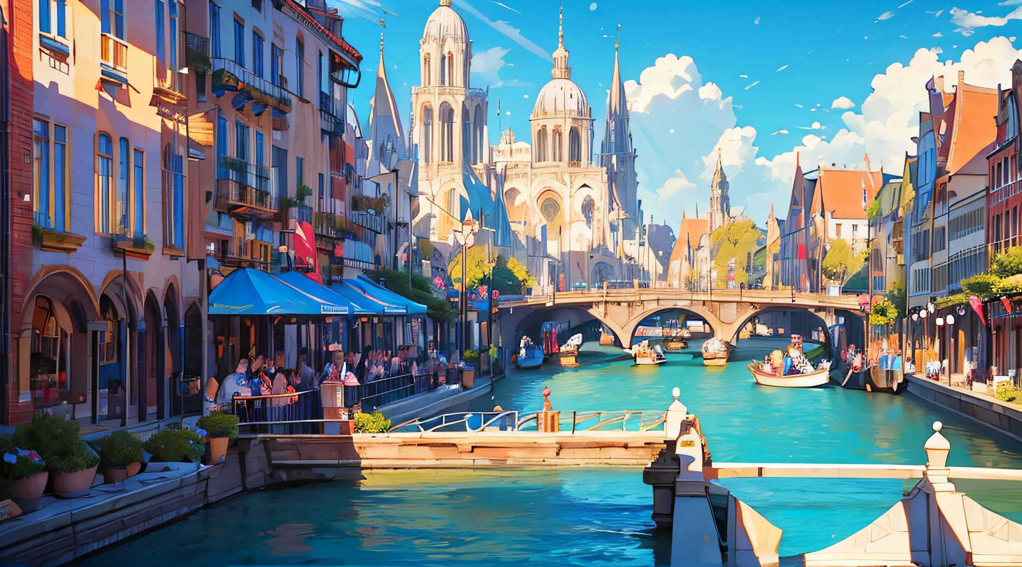 Celebration in the city, (Many rivers and canals), Embankments, Fantasy City, Coast, ((festival)), Fireworks, Fountains, ((Sunny day)), letho