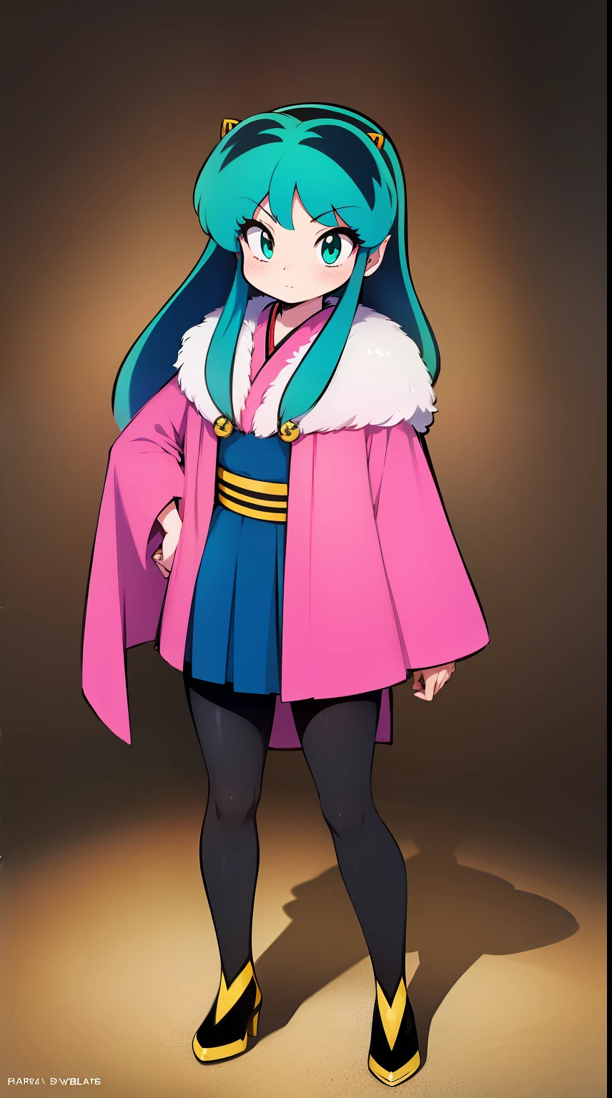 lum, , superhero costume, urusei yatsura, cloak, pants, pullover, kimono,martial pov,, pantyhose, sharpteeth, standing