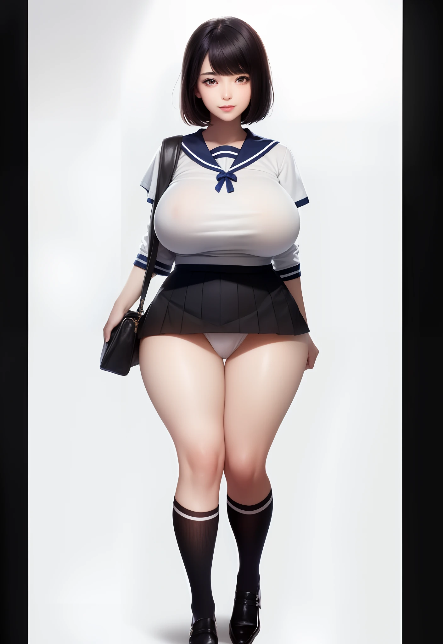 1girl in,front-facing view,Looking forward,Look at viewers,{{Colossal tits!!!!}},hi-school girl,anime colours,A smile,a sailor suit,pleatedskirt,gleaming skin,bob cuts,A dark-haired,