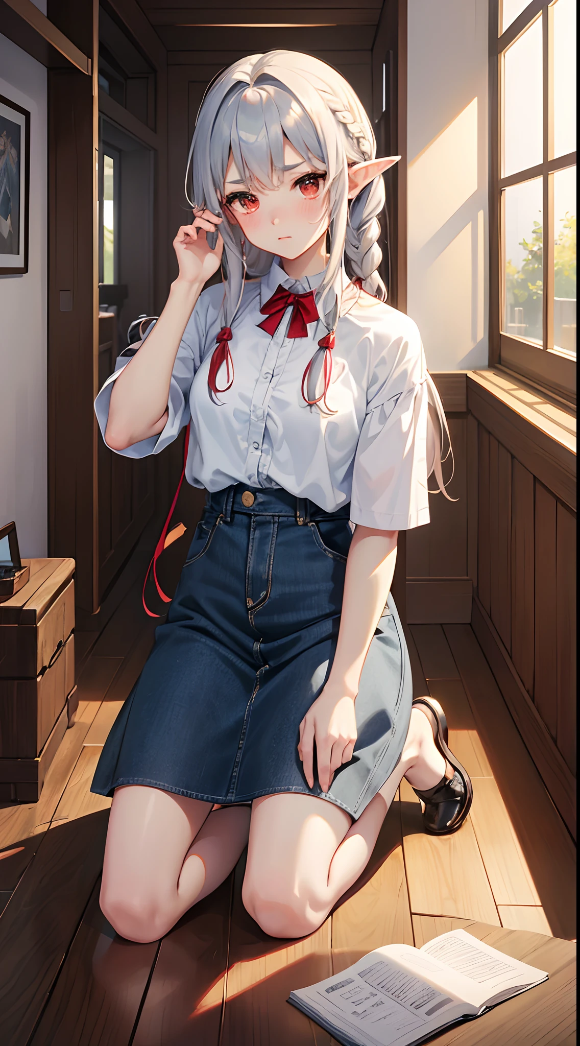 ((masterpiece:1.2、top-quality)), ((Put your hands to your face)), ((Shy face)), ((Troubled eyebrows)), ((red blush)), 1 Close-up of a girl, elvish, ((silber hair)), Red Eyes, bob cuts, Braided hair, denim skirt, camisole, gender change, Kneeling, speculum, inside in room, concept-art, beautiful anime scene, Beautiful anime scenery, top-quality, masterpiece