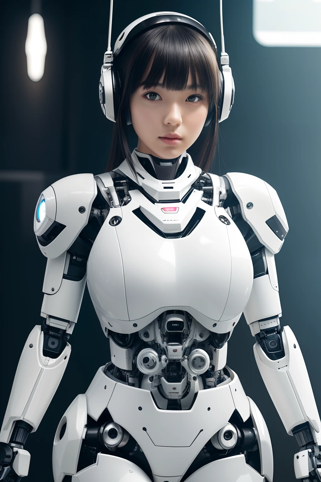 Best Quality, masutepiece, (Photorealistic:1.4), 1girl in, 
Japaese Cyborg Girl,fullbody image ,Plump , White boots,announcer,headset on head,control panels,android,Droid,Mechanical Hand, ,Bokeh,clothes with a sense of mechanical technology, Robot arms and legs, Black Robot Parts,Black hair,Mechanical body,rompers,Blunt bangs,White abdomen,White Robotics Parts,Perfect Robot Girl,ceramic body,Exhibited in the museum