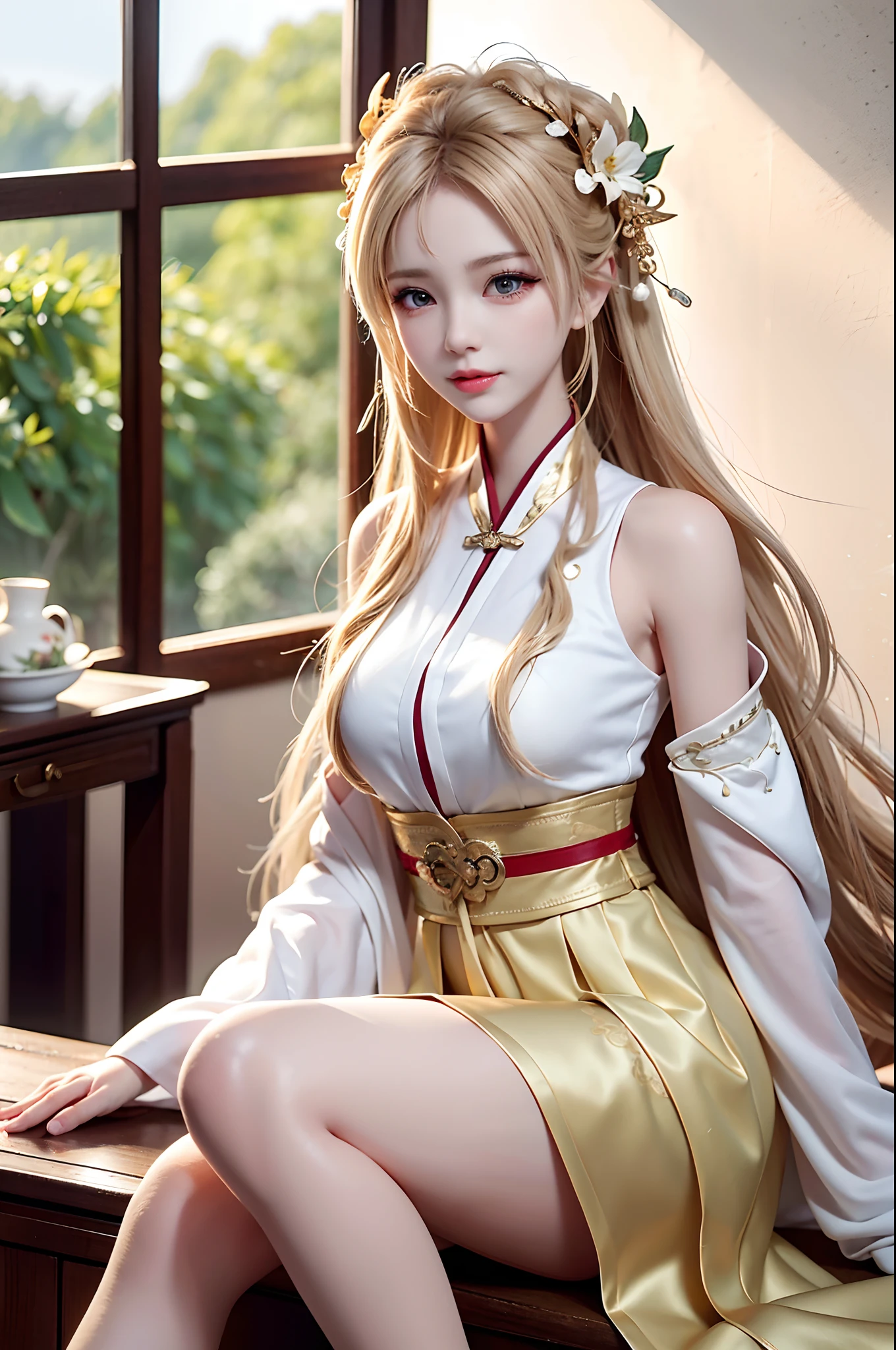 ((knee shot)), Shot from a random perspective, 20-year-old Asian model, slim, Slimming the waist, curlies, White cool hanfu, ancient wind, China-style, Floral, Pattern, Long brownish-yellow hair, Beautiful hairpins, warm lights, Warm tones Slender legs, Cross ed leg, inside in room, Leaning against the dresser, posed for photo, posing elegantly, blonde hair, streaked hair, hair ornament, heart-shaped pupils, makeup, light smile, shy, licking lips, Romanticism, Social realism, chiaroscuro, motion blur, anaglyph, Sony FE GM, UHD, masterpiece, textured skin, super detail, best quality