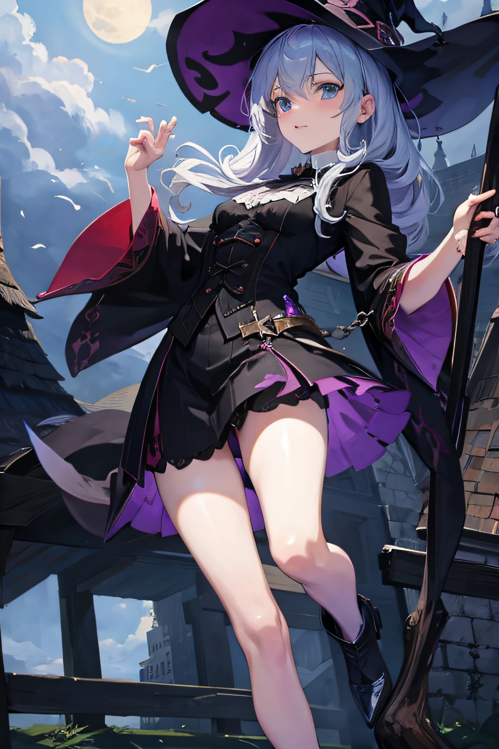 (Ultra-detailed face, smile), (Fantasy Illustration with Gothic & Ukiyo-e & Comic Art), (A young-aged dark elf woman with silver hair, blunt bangs, very long disheveled hair and dark purple skin, lavender eyes), (She holds a colorful scarf, wears a lacy, geometric orange cape dress, and laced sandals), BREAK (She is dancing flamenco in the heavy rain, looking up at the sky, jumping and turning in big, bold poses. Her body is glistening)