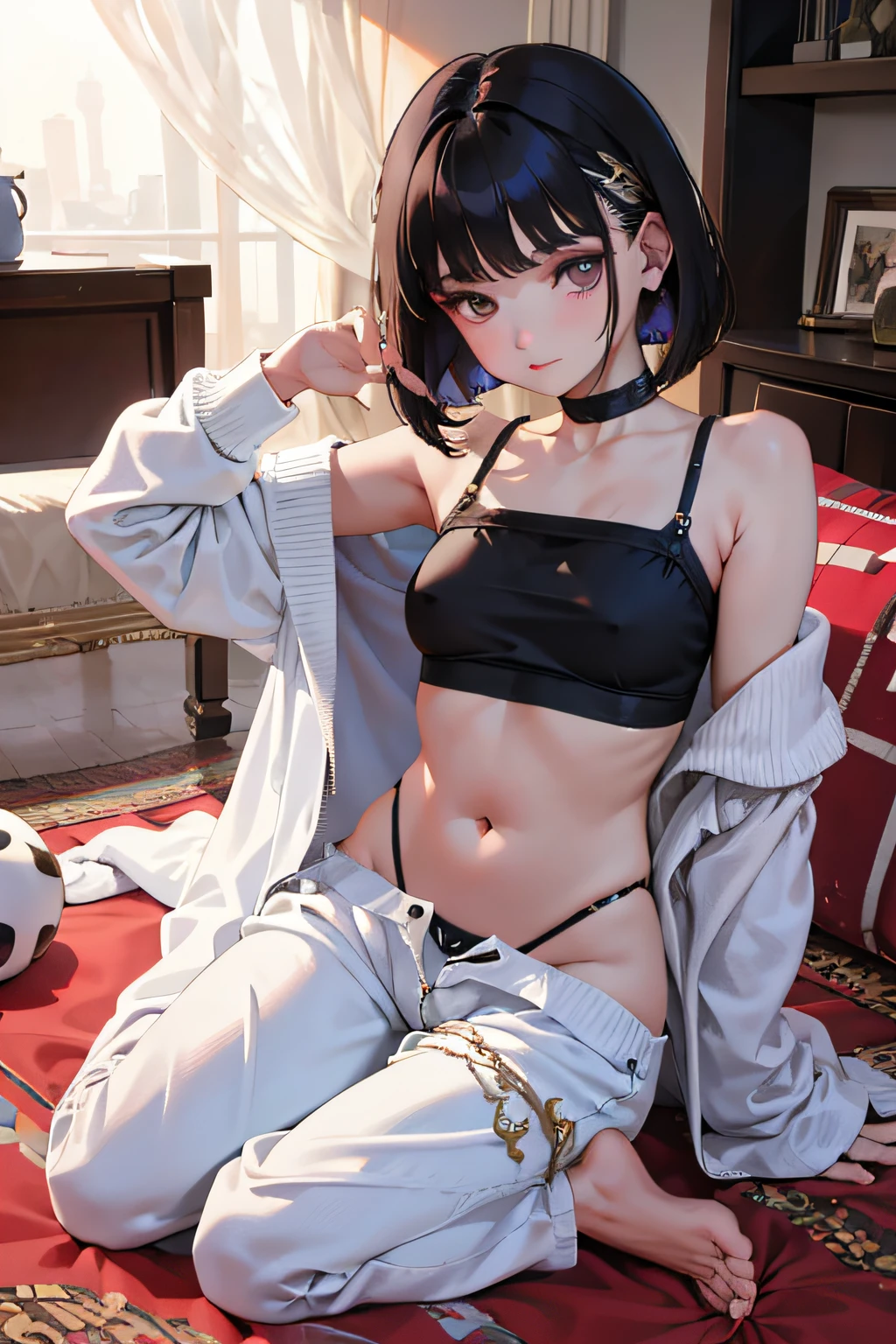 wariza,child,(masterpiece,Highest Quality),Border pattern,Boa Fleece Loungewear,shortpants,Sleepy face,Round eyes,A dark-haired,Semi-long bob,bare-legged,in a house,(((NSFW)))
