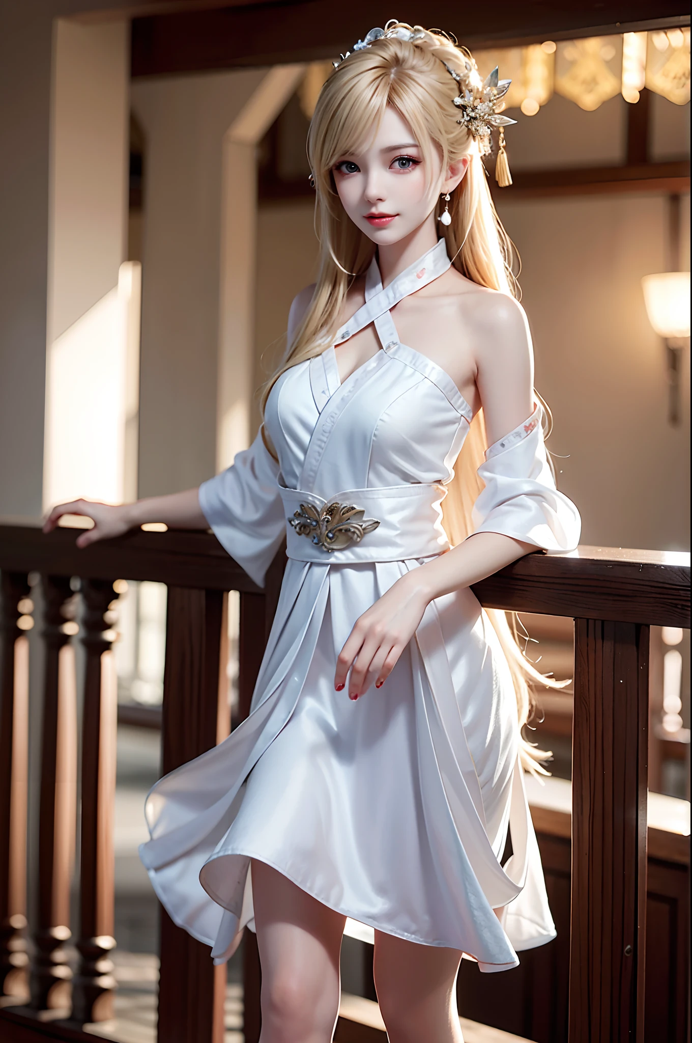((knee shot)), Shot from a random perspective, 20-year-old Asian model, slim, Slimming the waist, curlies, White cool hanfu, ancient wind, China-style, Floral, Pattern, Long brownish-yellow hair, Beautiful hairpins, warm lights, Warm tones Slender legs, Cross ed leg, the night, rays of moonlight, in the attic, leaning against the railing, posed for photo, posing elegantly, blonde hair, streaked hair, hair ornament, heart-shaped pupils, makeup, light smile, shy, licking lips, Romanticism, Social realism, chiaroscuro, motion blur, anaglyph, Sony FE GM, UHD, masterpiece, textured skin, super detail, best quality