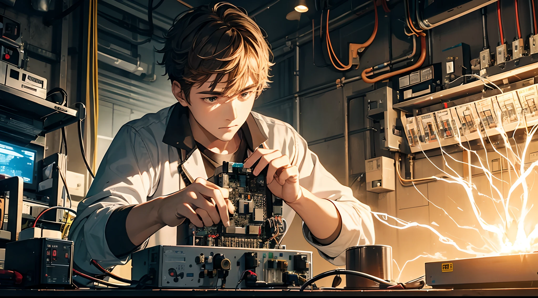 A 25 year old boy working on circuit repairing containing circuits board with electricity flowing while workinh full hd 4k wallpaper