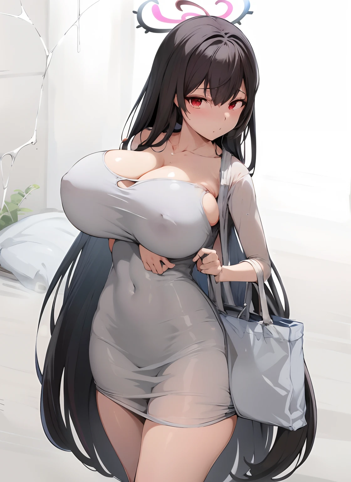 chica anime con el pelo largo y negro y un vestido gris, Loli en vestido, seductora chica de anime, con unos pechos grandes, OPPAI, Pechos cubiertos y NSFW, con senos grandes, Ropa reveladora, Lindo anime waifu en un bonito vestido, Chica anime con un vestido negro, Chica anime con pelo largo, Mejor valorado en Pixiv, Anime Moe Artstyle, pechos grandes!, vestido transparente, vestido ajustado,vestido de tirantes, Lightly marked muscles, caderas anchas, defined muscles,white swimwear