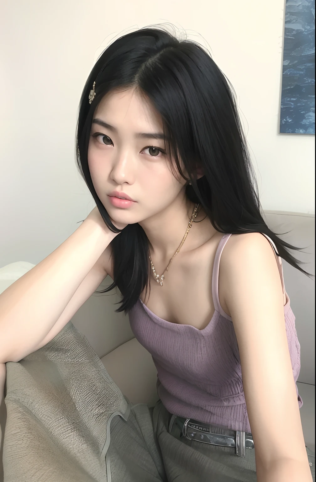 Arafed asian woman sitting on a sofa with hand on chin, beautiful asian girl, Foto de Slim Girl Model, Hermosa joven coreana, Chica coreana, Foto de Slim Girl, young cute wan asian face, Xintong Chen, ulzzang, Xision Wu, 19 year old girl, Hermosa mujer surcoreana, Asian girl