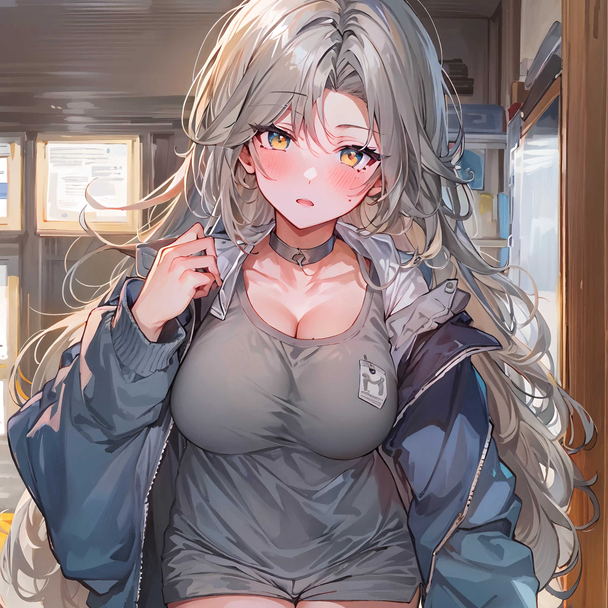 masterpiece, top-quality, extra detailed face, Sharp details, Perfect litthing, He shirt, 1girl in, breastsout, 独奏,Golden eyes, The halo, length hair, silber hair, shortpants, huge-breasted, jaket, a choker, hair between eye, red blush, looking at the viewers, The shirt, mole, white shirt, Track jacket, Mole under the eyes, simple background, bangss、Partially defrosted、cleavage of the breast、thighs thighs thighs thighs、long-sleeve、a navel、is standing、extreme close - up、under the boobs、Hasumi\(blue_archive\)、Dishwasher 1910、
