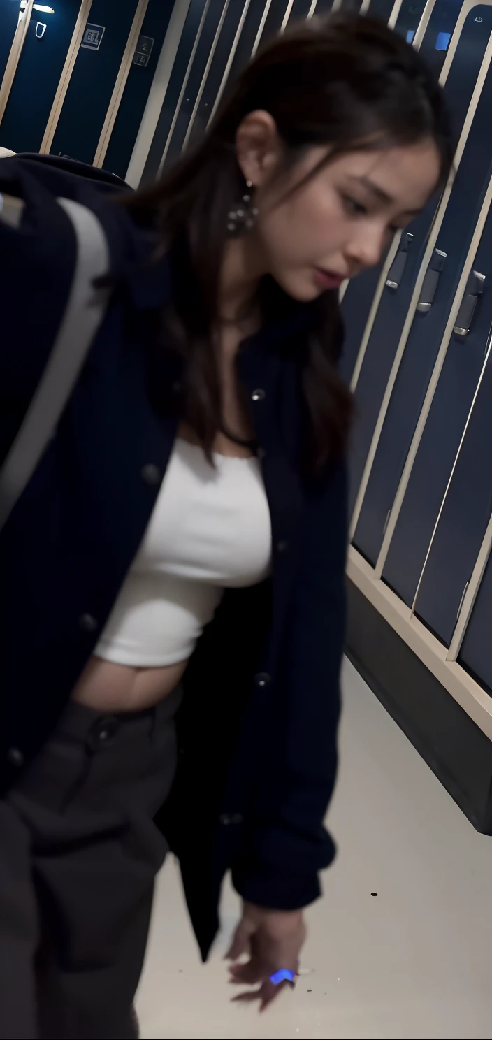 arafed woman walking in a hallway with a suitcase in her hand, her belly button is exposed, exposed midriff, she is facing the camera, close up half body shot, revealing clothes, close up to a skinny, belly button showing, tight shot of subject, middle body shot, tinyest midriff ever