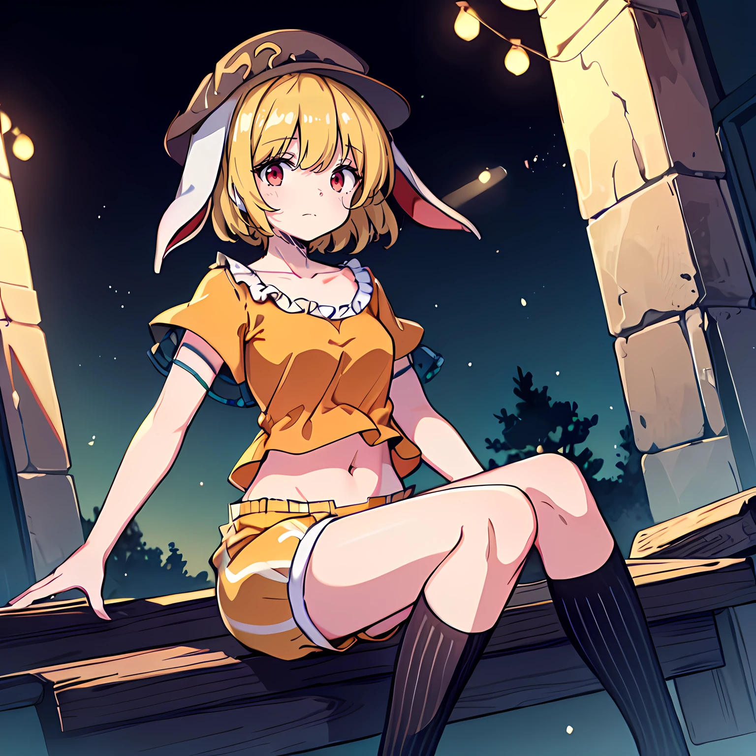 1girl,ringo \(touhou\),blonde hair, short hair, (cabbie hat:1.4), orange shirt, navel, rabbit ears, red eyes, collarbone, frilled dress, yellow shorts,(black ribbed kneehighs:1.3),close up kneehighs