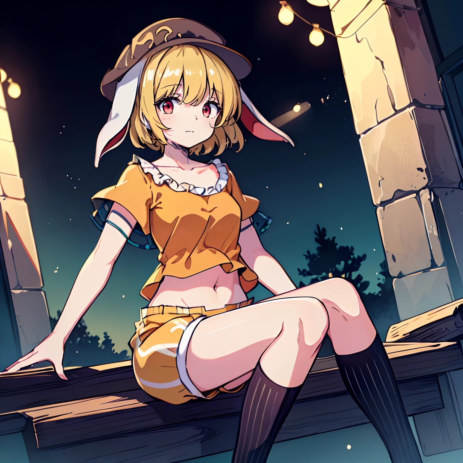 1girl,ringo \(touhou\),blonde hair, short hair, (cabbie hat:1.4), orange shirt, navel, rabbit ears, red eyes, collarbone, frilled dress, yellow shorts,(black ribbed kneehighs:1.3),close up kneehighs