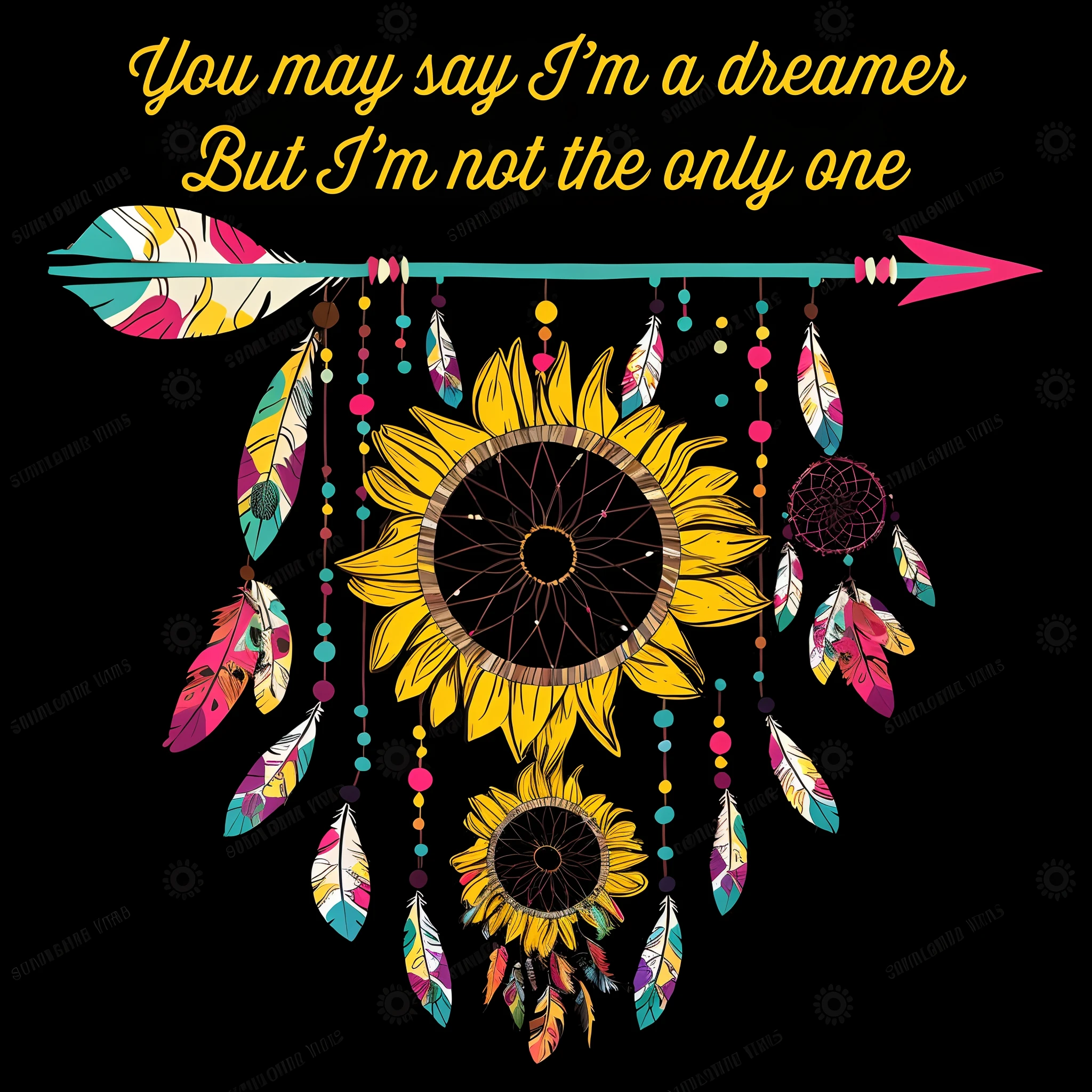 prompt: 
A close-up of a sunflower with feathers, with a dreamcatcher and surrealistic elements. The sunflower is the main focus of the image, with its vibrant yellow petals and dark brown center. The feathers delicately intertwine with the sunflower, adding a touch of whimsy and enchantment. The dreamcatcher hangs in the background, its intricate design capturing dreams and protecting the viewer. The overall color palette is rich and vibrant, with bold contrasting colors that make the image come alive. The dark black background adds drama and depth to the composition. The image is of the best quality, with high resolution and ultra-detailed rendering, capturing every intricate detail of the sunflower, feathers, and dreamcatcher. The lighting is soft and ethereal, highlighting the delicate texture of the petals and feathers. The artwork is a fusion of digital and traditional mediums, combining the beauty of nature with the imagination of the dream world.