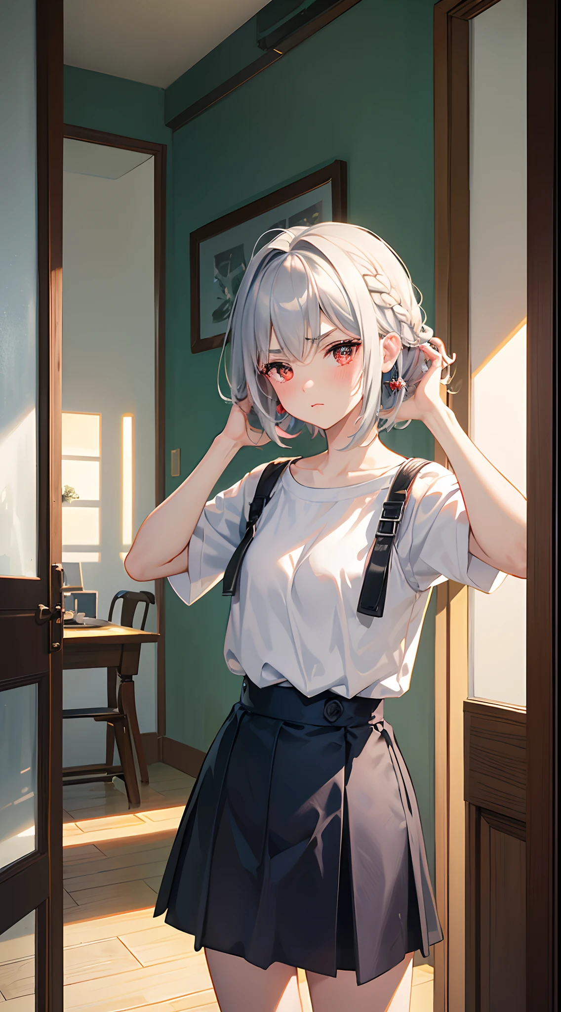 Anime girl with white hair and cat ears, ruby eyes, shy, blush, medium breast, bare legs, dress, side view,high contrast, soft light, master piece, extraordinary nice