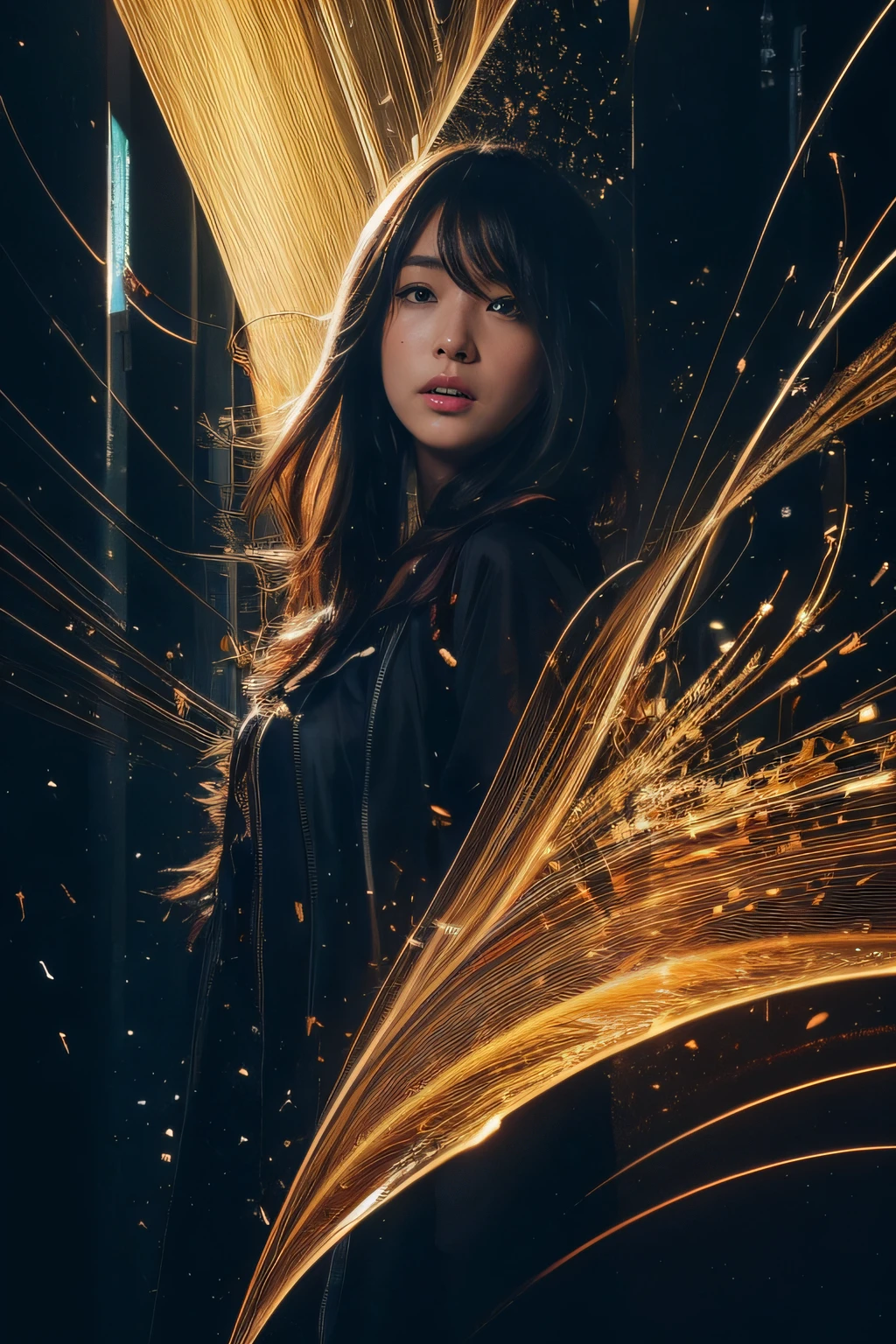 A woman with long hair and a black jacket standing in front of a gold ...