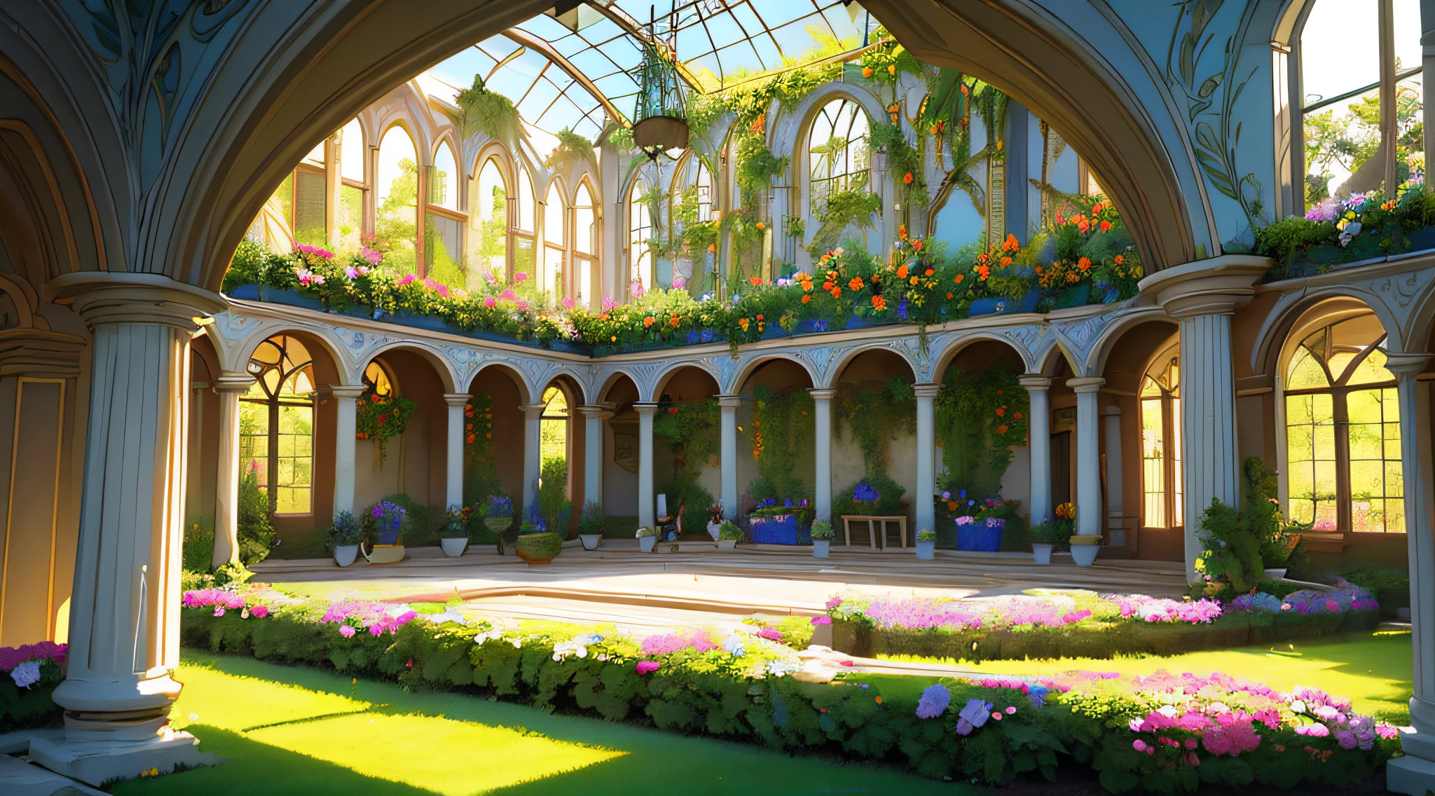 orangery, ((Indoor Garden)), Bower, Lots of greenery and flowers, Flower beds, (stage:1.3), people. ((Walls around the garden))