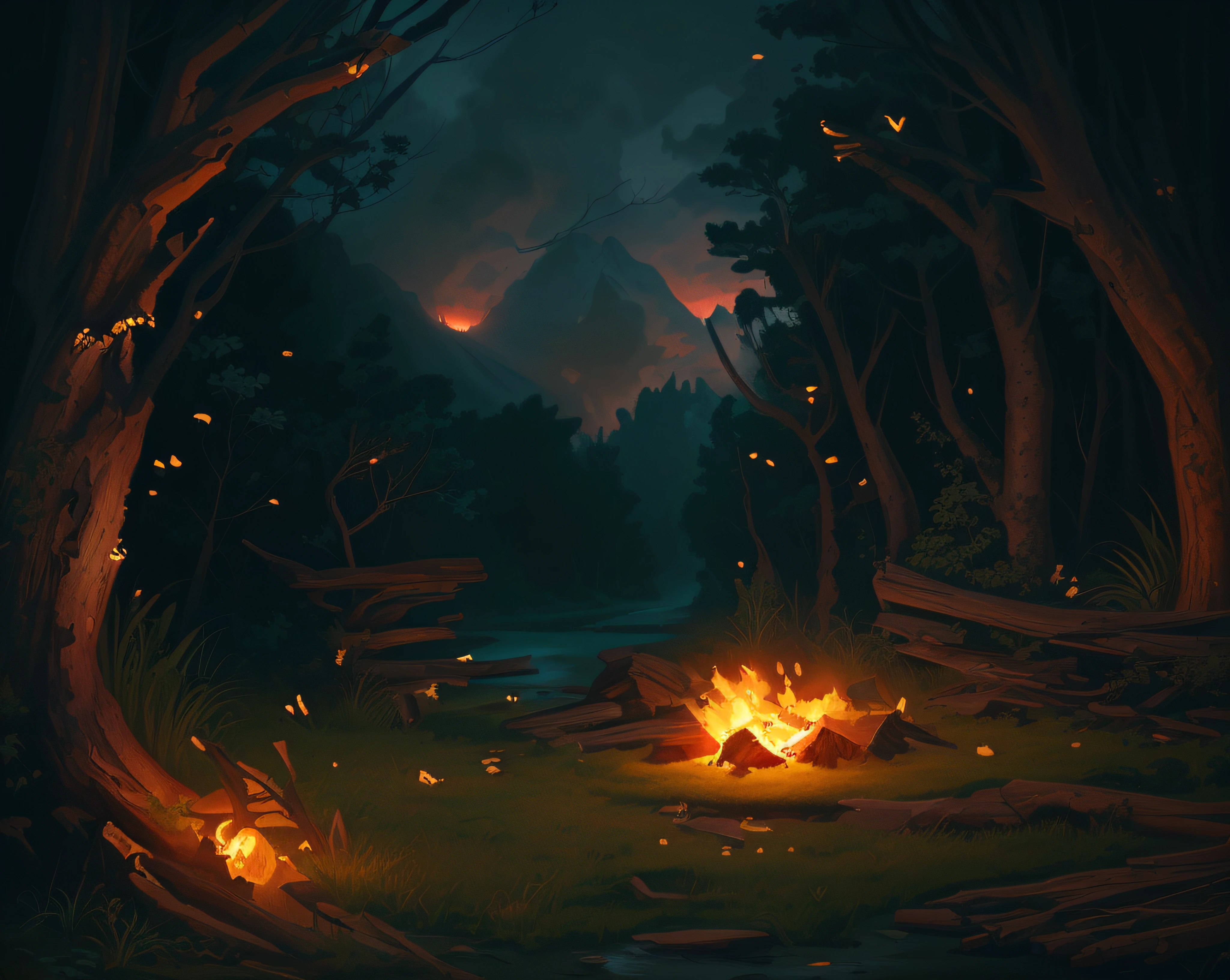 There's a painting of a campfire in the woods, arte de fundo, em uma fogueira na floresta, Arte de fundo, fogueira, ambiente de fogo, pintado como uma arte conceitual de jogo, Fundo da arte do jogo 2D, noite calma. digital illustation, fogueira, cena noturna tranquila da floresta, dnd em uma floresta escura, environment design illustration, dark atmosphere illustration. (master piece) (ultra detailed)
