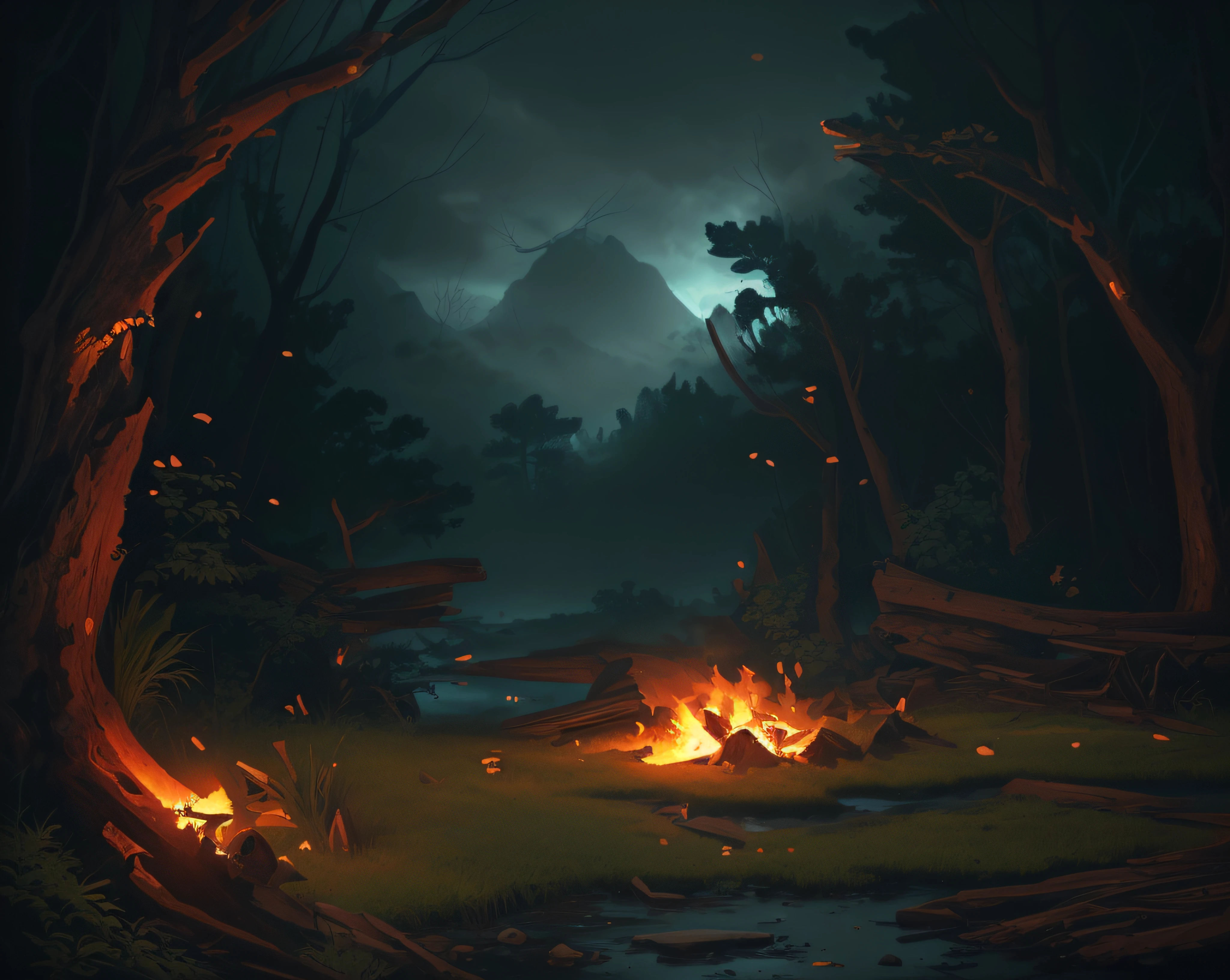 There's a painting of a campfire in the woods, arte de fundo, em uma fogueira na floresta, Arte de fundo, fogueira, ambiente de fogo, pintado como uma arte conceitual de jogo, Fundo da arte do jogo 2D, noite calma. digital illustation, fogueira, cena noturna tranquila da floresta, dnd em uma floresta escura, environment design illustration, dark atmosphere illustration. (master piece) (ultra detailed)