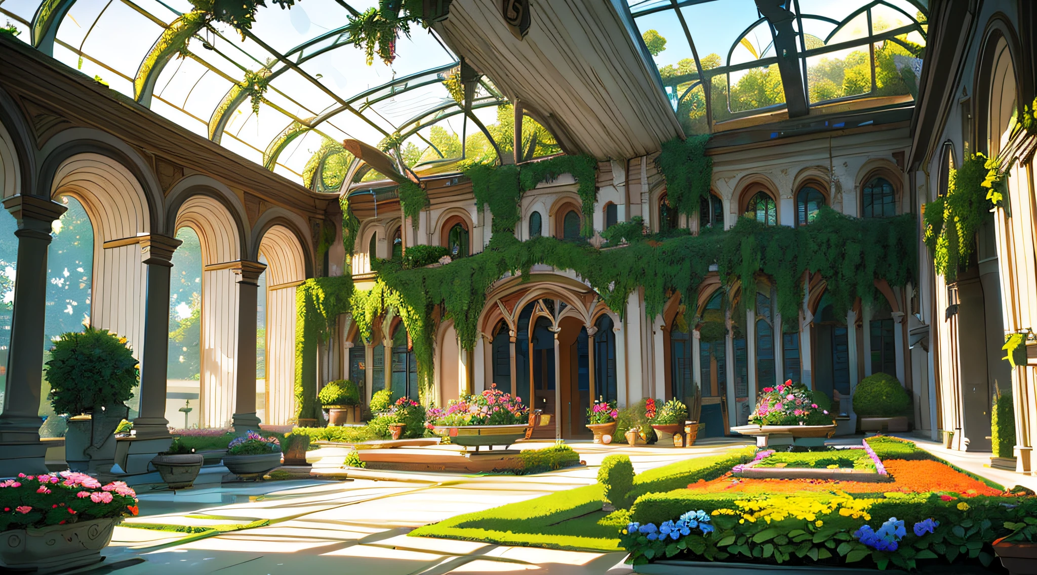 orangery, ((Indoor Garden)), Bower, Lots of greenery and flowers, Flower beds, (stage:1.3), people. ((Walls around the garden))