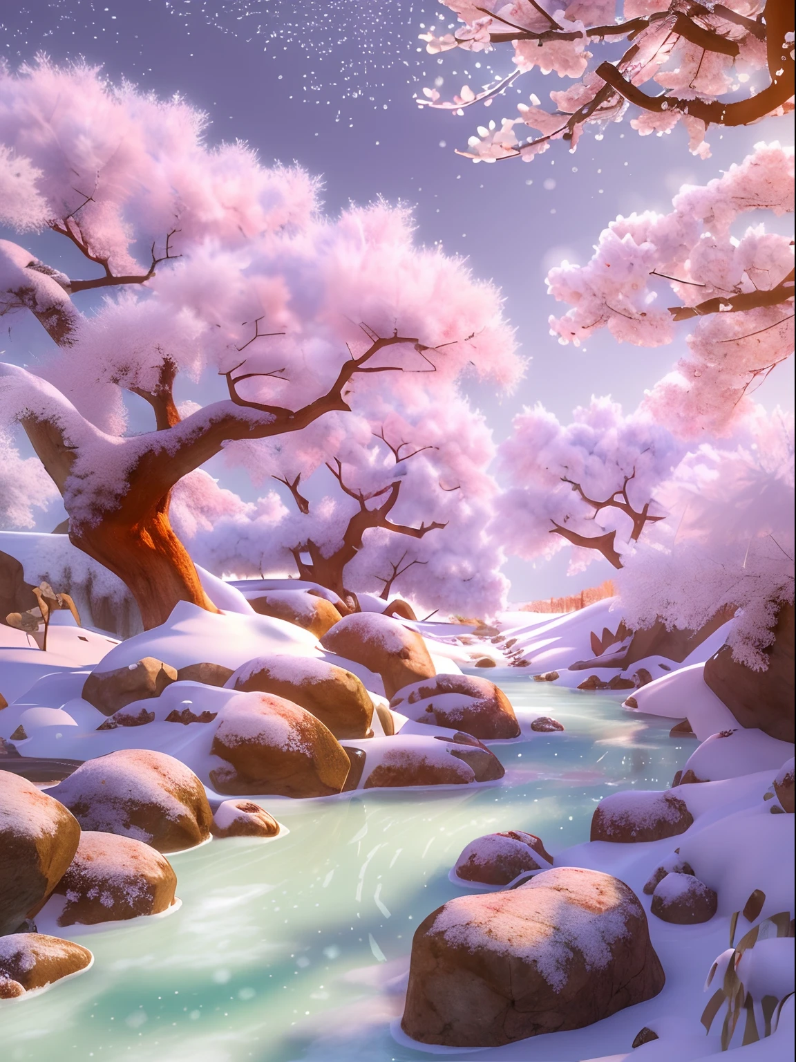 There is a small stream that flows in the middle of the snow-capped rocks，The branches of the red bean tree are covered with snowflakes，Red prayers hung on tree branches，Frost flowers。The scenery is super clear in winter，High quality。Digital art, 3D rendering of, Beautiful pictures。