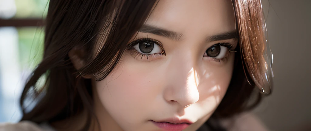 (((Ultra-high resolution、Close-up、Cute Japanese Woman)))、Long, straight black hair frames her face、So that every single hair is clearly visible、Depicts subtle color changes depending on the amount of light hitting the subject、The skin is white and smooth、Has a natural glow、Fine skin texture、Representing the fine details of pores、amountや頬に薄い赤みがある部分を詳細に、The eyes are almond-shaped and dark brown.、Fine details of the iris、Depicts color gradations and patterns、Long, natural-looking eyelashes, each and every one visible、Well-groomed eyebrows、indivual々The hair is clearly visible、Light reflects off into the eyes、Create small highlights、noseは繊細で、nose孔の細かいディテールがある、Lips are plump and naturally pink、Depicts the fine lines and soft curves of the lips、Shiny、Accentuate the shape、Detailed depiction of lip texture、Particular attention to the depiction of light and shadow、Soft natural light gently illuminates the face from the front、amount、nose、Creates a subtle glow on the cheeks、Shadows are cast softly along the contours of the face、cheekbone、Jaw Curve、noseの側面を強調、The gloss of her lips reflects the light faintly.、Emphasizes plump texture、The shadow of the hair adds depth and dimension.、indivual々The hair shines in the light、The background is simple and blurred.、Focus on the face、In the highest quality、Representing the utmost detail
