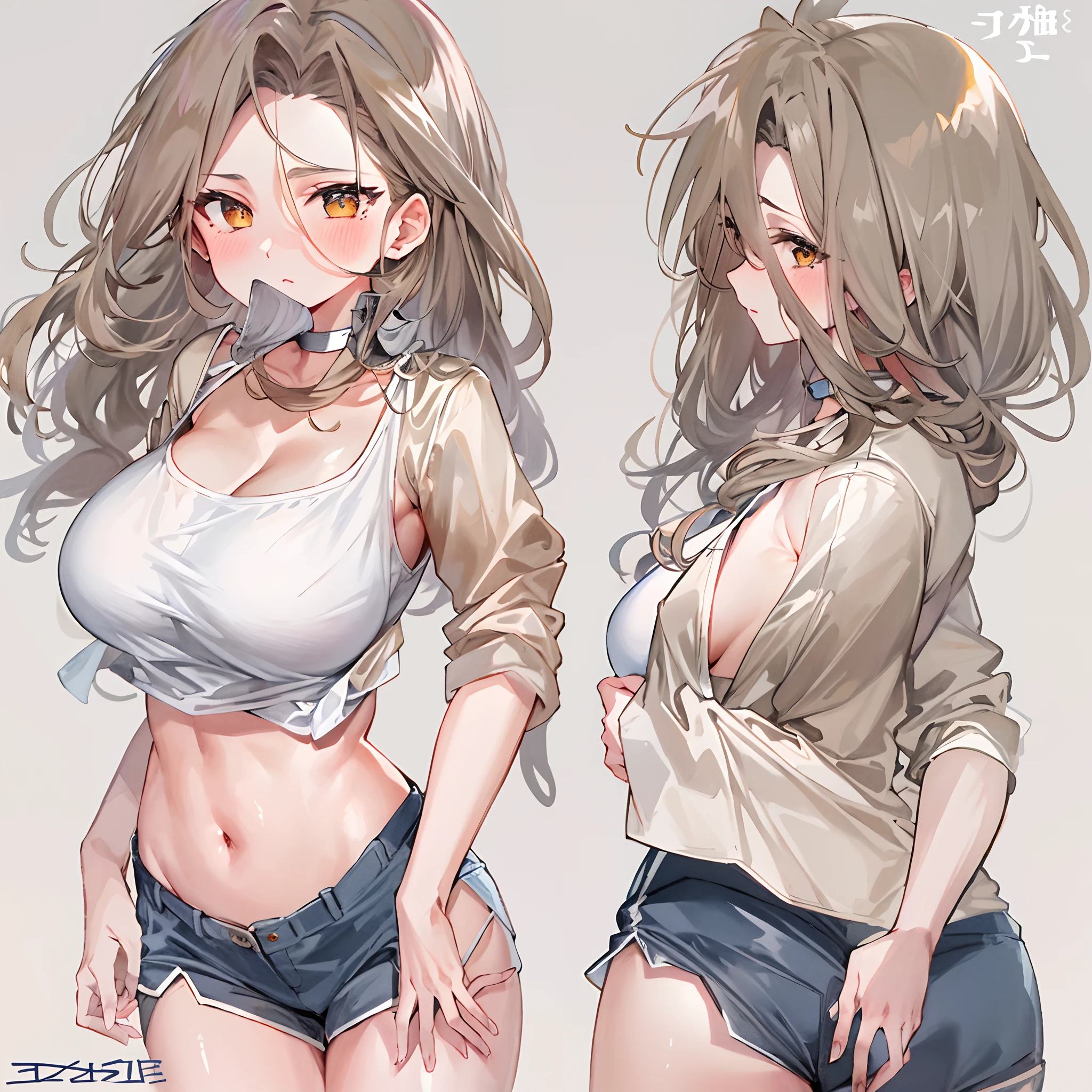 masterpiece, top-quality, extra detailed face, Sharp details, Perfect litthing, He shirt, 1girl in, breastsout, 独奏,Golden eyes, The halo, length hair, silber hair, shortpants, huge-breasted, jaket, a choker, hair between eye, red blush, looking at the viewers, The shirt, mole, white shirt, Track jacket, Mole under the eyes, simple background, bangss、Partially defrosted、cleavage of the breast、thighs thighs thighs thighs、long-sleeve、a navel、is standing、extreme close - up、under the boobs、Hasumi\(blue_archive\)、Dishwasher 1910、