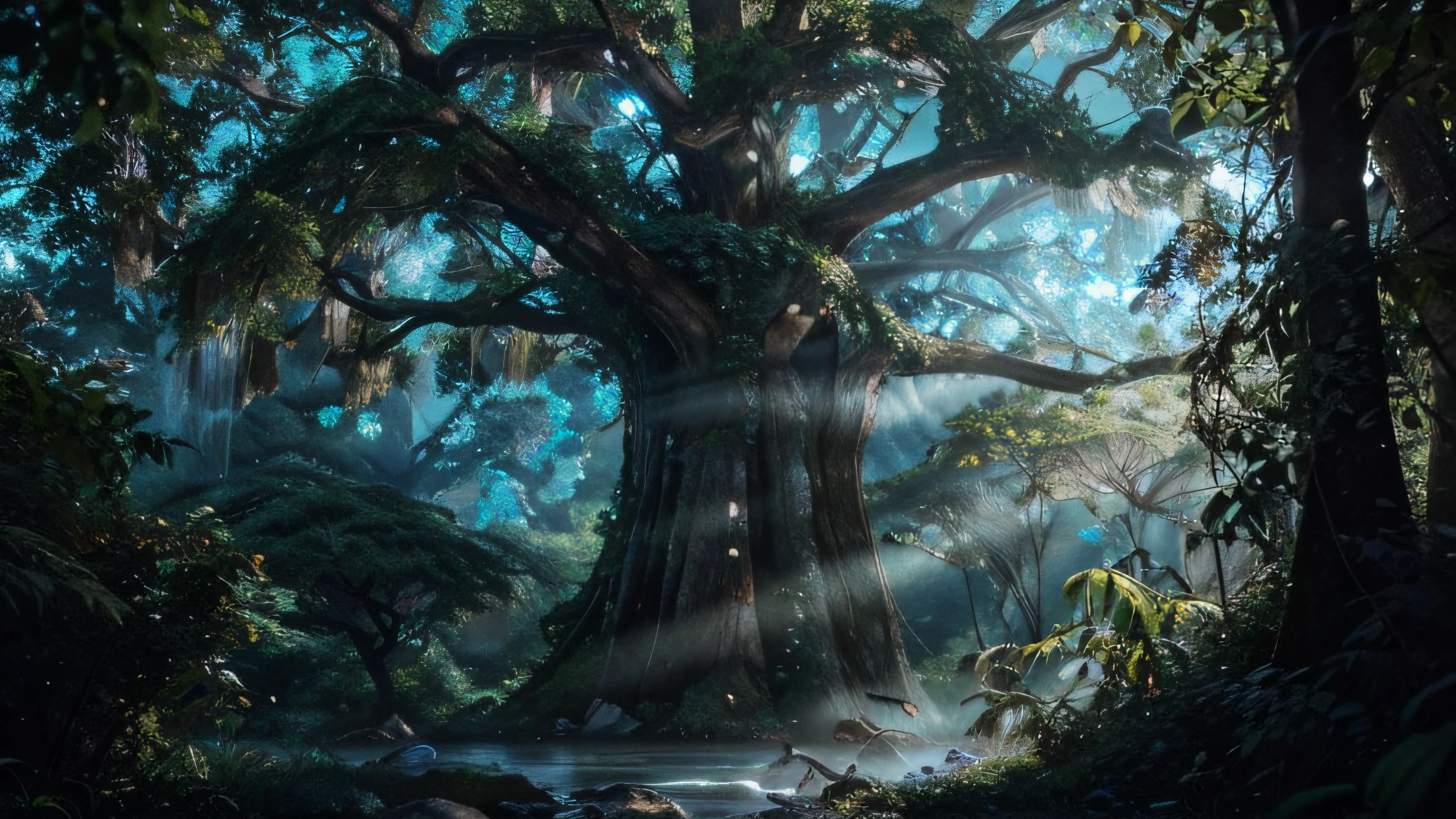Illustration of a hyperrealistic , otherworldly, ultrasky scene featuring a giant crystal tree full body,very detailed and magical lighting, intricate forest details, vegetation and river around, solarpunk ,landscape, giant tree, beatifull leafy with beautiful lighting and realistic proportions, as if it were a cinematic background, 8k, highest quality, masterpiece, clouds and stars in the sky.