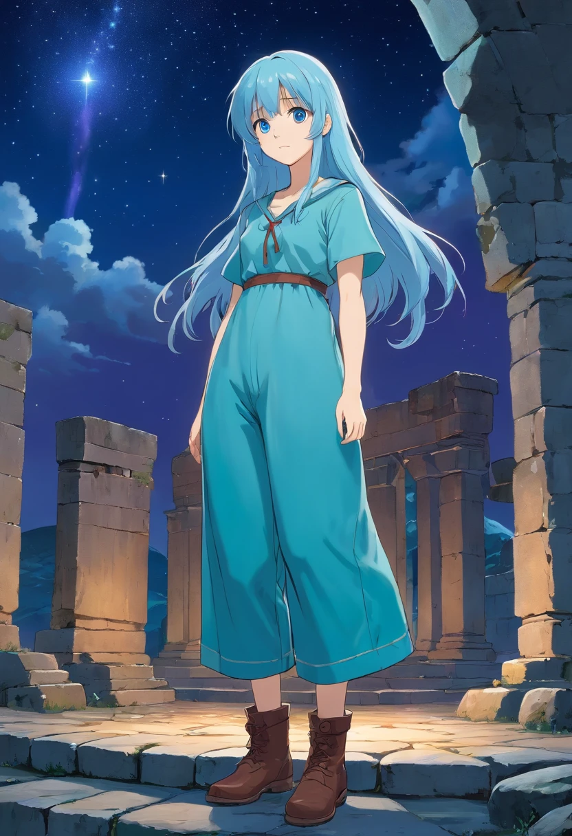 A beautiful young woman (1 girl) about 20 years old. Long light blue hair, straight hair, ((messy)) hair, ((bangs)) and big blue eyes. Turquoise tunic and purple tide pants. Leather boots. Greek templo ruins background at night, with a starry sky.