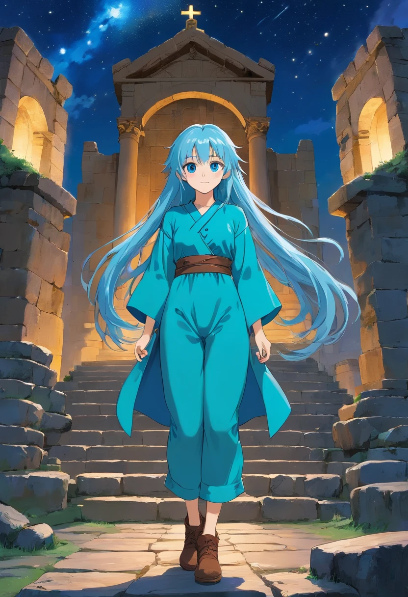 A beautiful young woman (1 girl) about 20 years old. Long light blue hair, straight hair, ((messy)) hair, ((bangs)) and big blue eyes. Turquoise tunic and purple tide pants. Leather boots. Greek templo ruins background at night, with a starry sky.